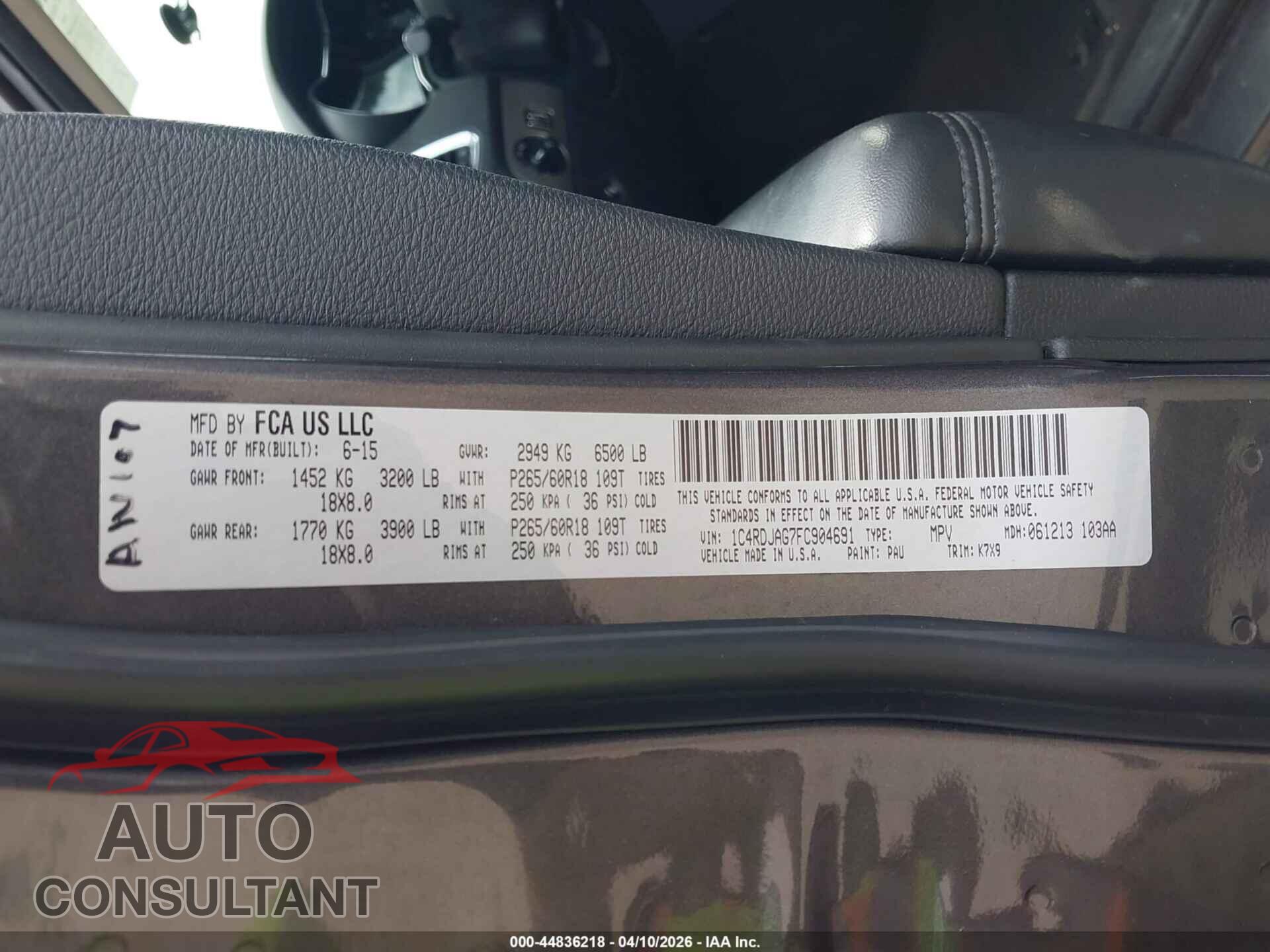 DODGE DURANGO 2015 - 1C4RDJAG7FC904691