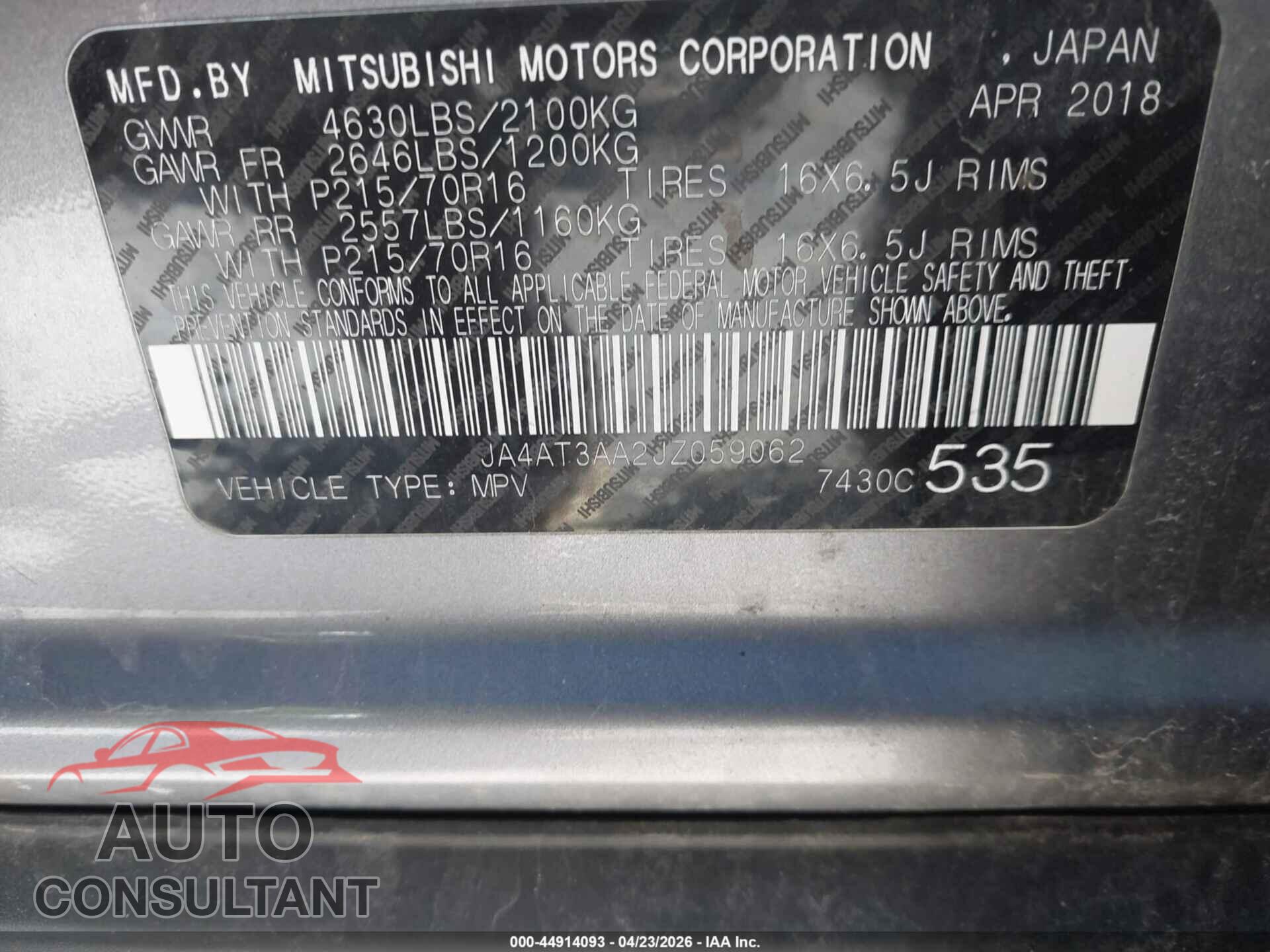 MITSUBISHI ECLIPSE CROSS 2018 - JA4AT3AA2JZ059062
