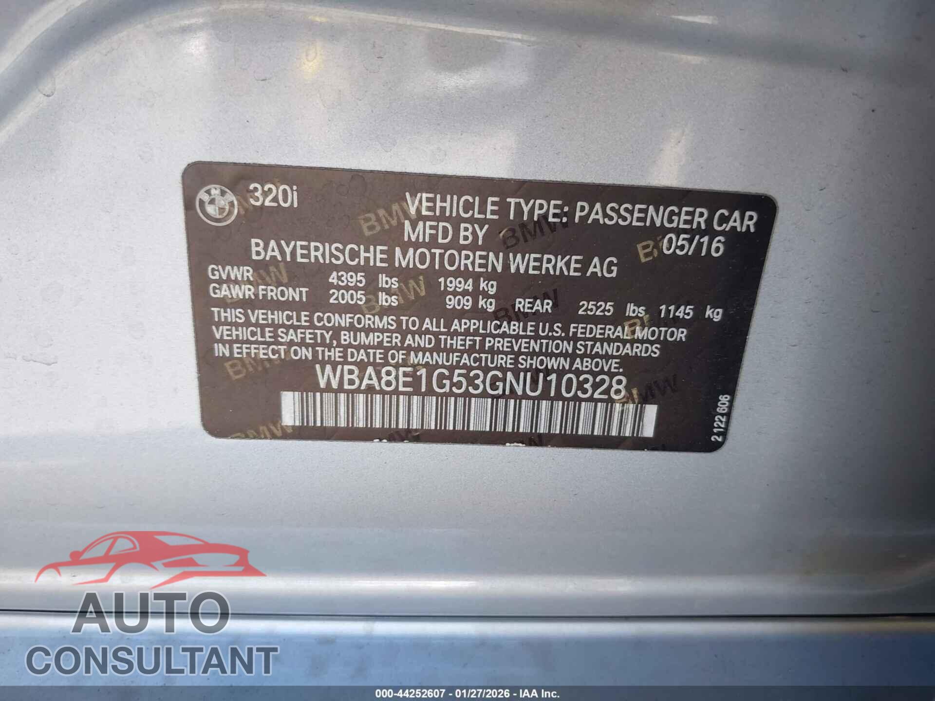 BMW 320I 2016 - WBA8E1G53GNU10328