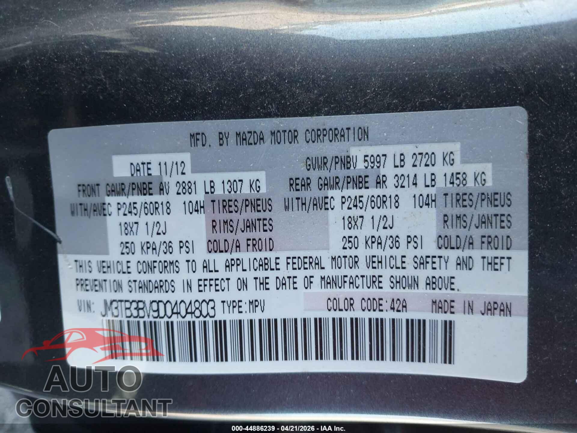 MAZDA CX-9 2013 - JM3TB3BV9D0404803