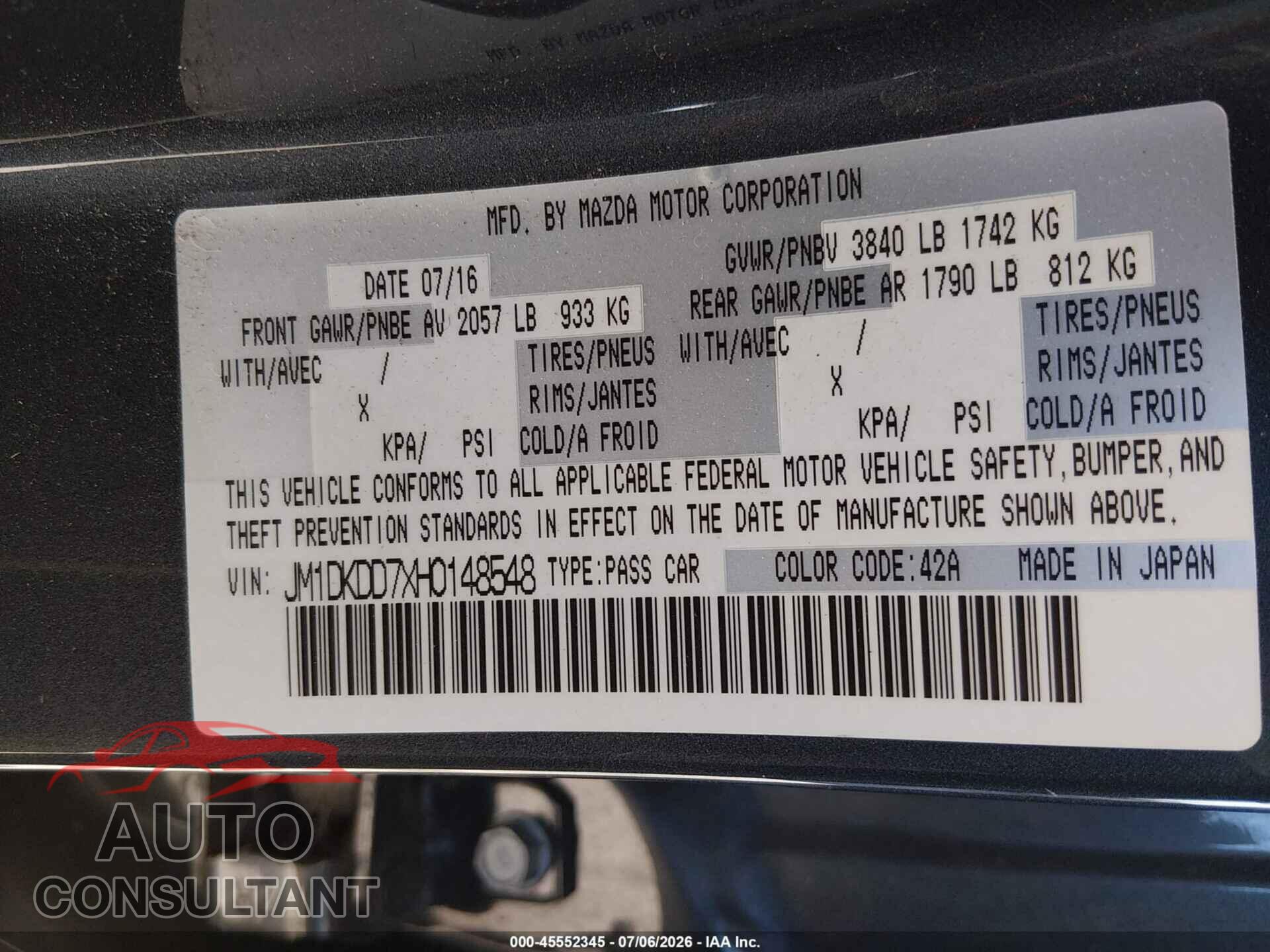 MAZDA CX-3 2017 - JM1DKDD7XH0148548