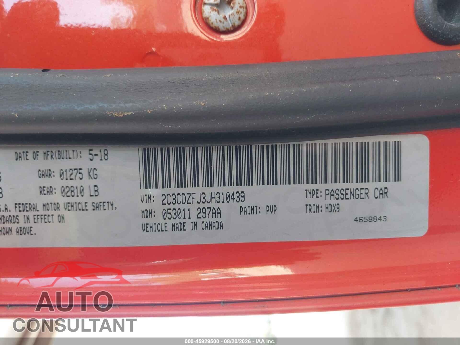 DODGE CHALLENGER 2018 - 2C3CDZFJ3JH310439