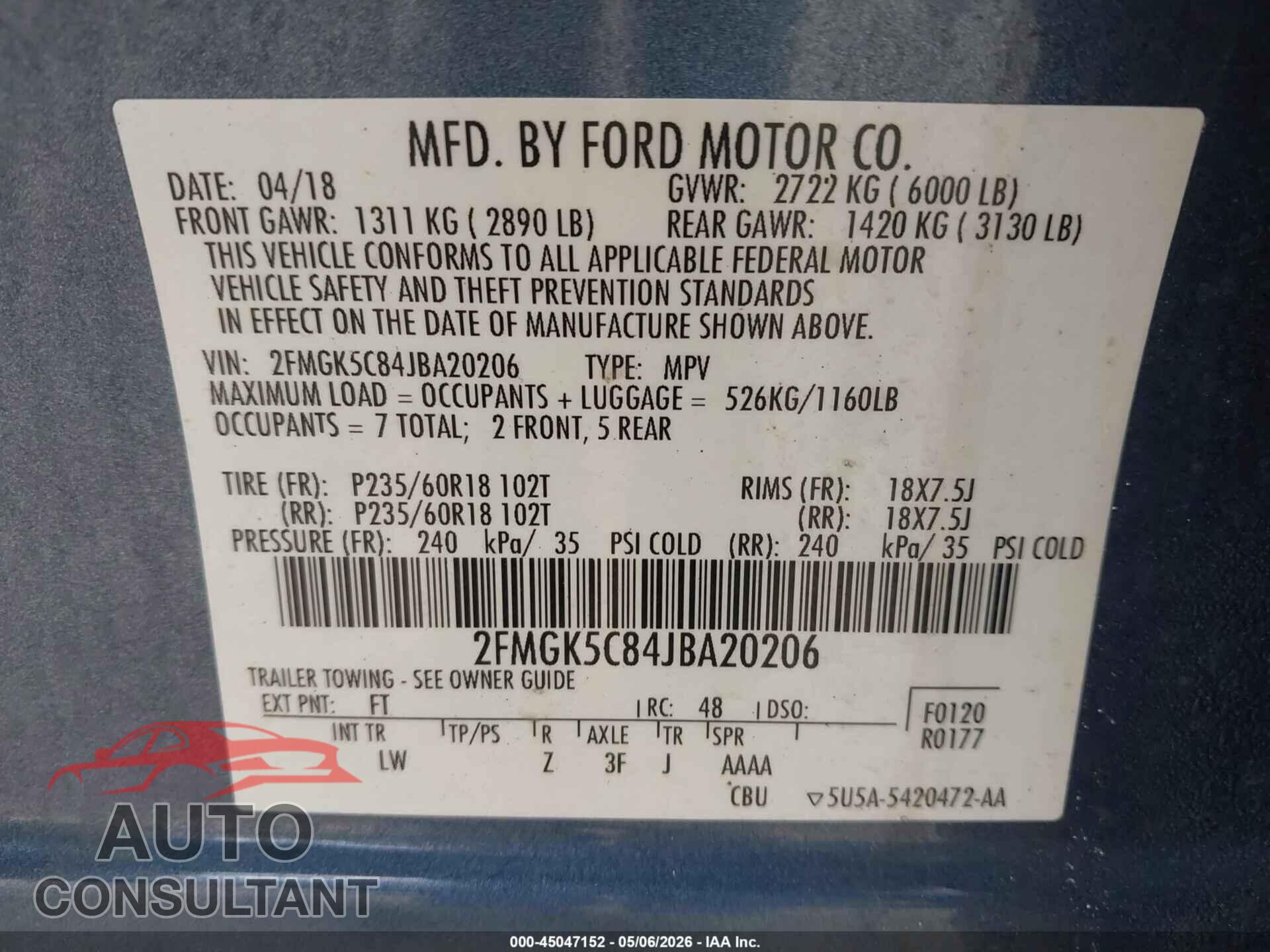FORD FLEX 2018 - 2FMGK5C84JBA20206