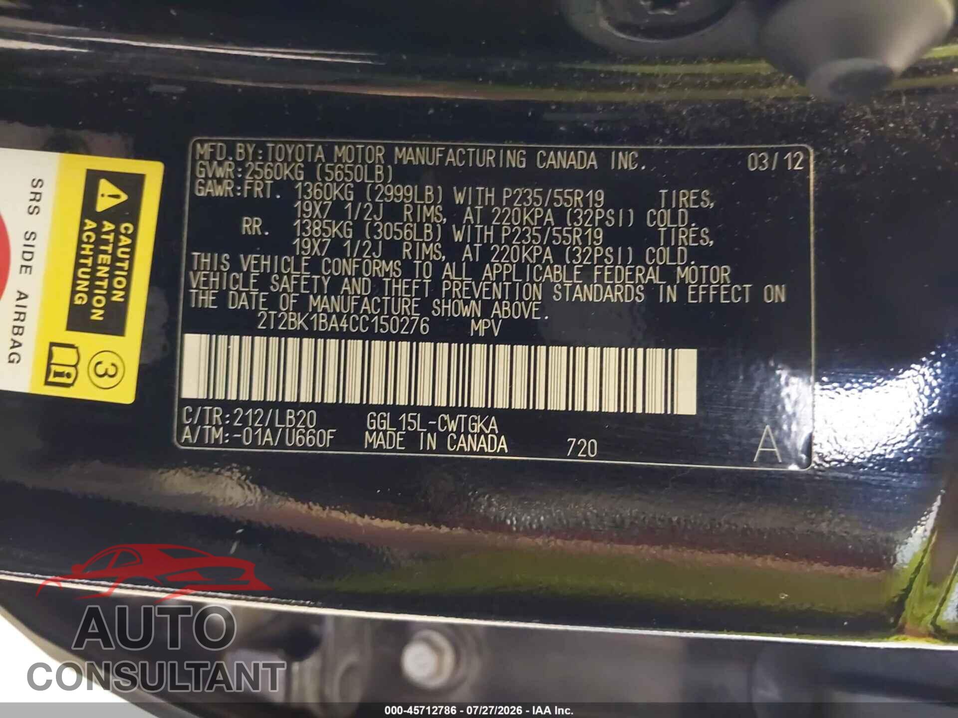LEXUS RX 350 2012 - 2T2BK1BA4CC150276