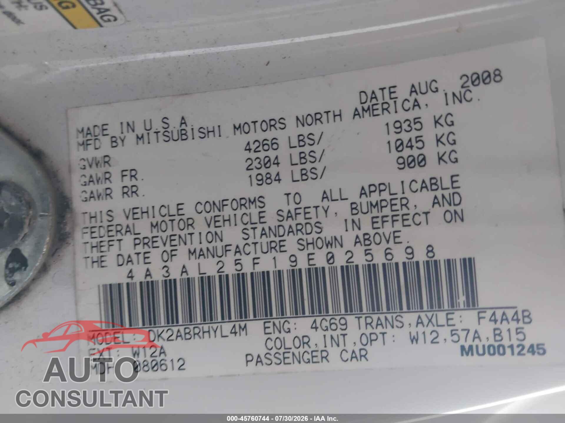 MITSUBISHI ECLIPSE SPYDER 2009 - 4A3AL25F19E025698