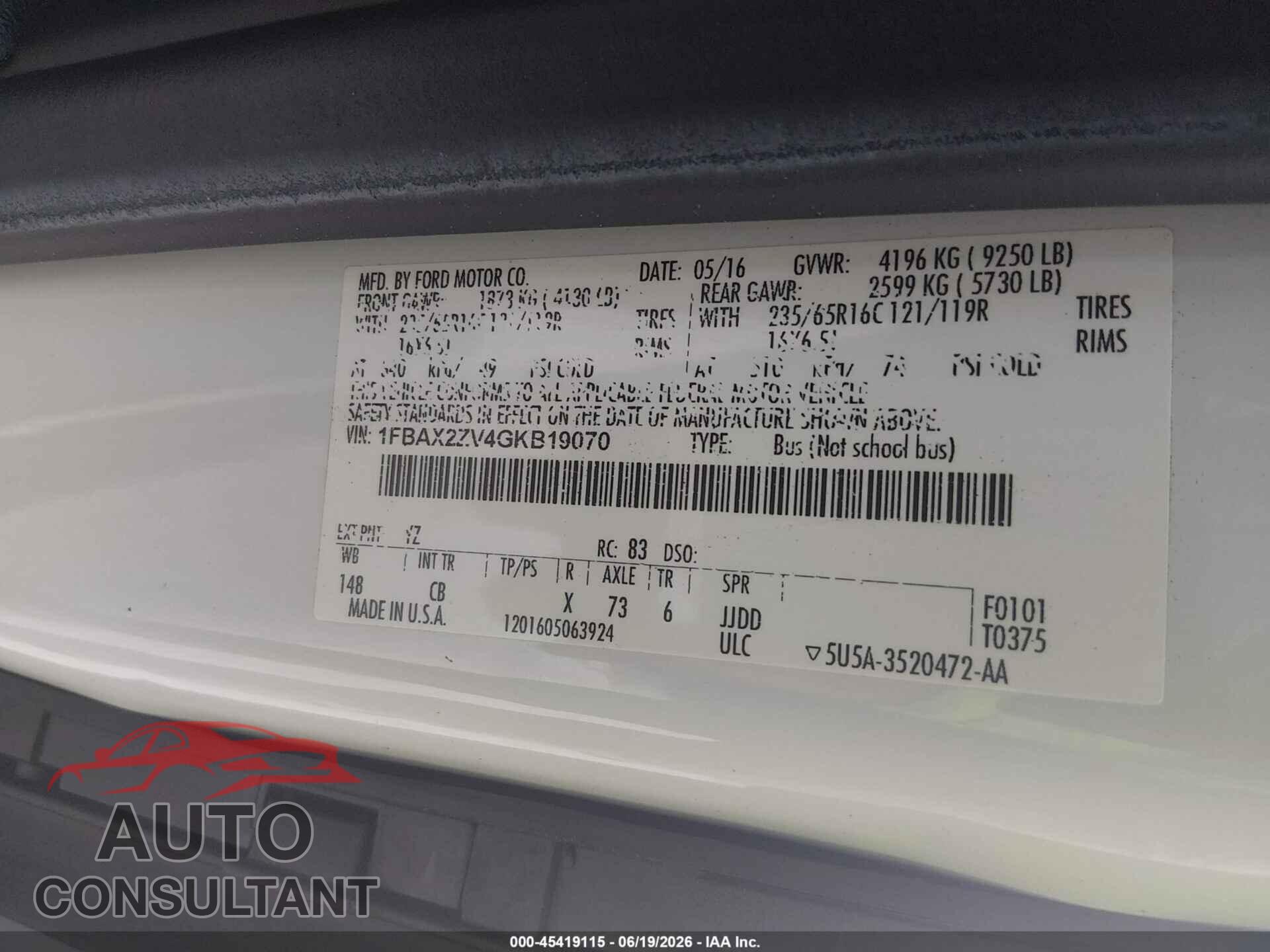 FORD TRANSIT-350 2016 - 1FBAX2ZV4GKB19070