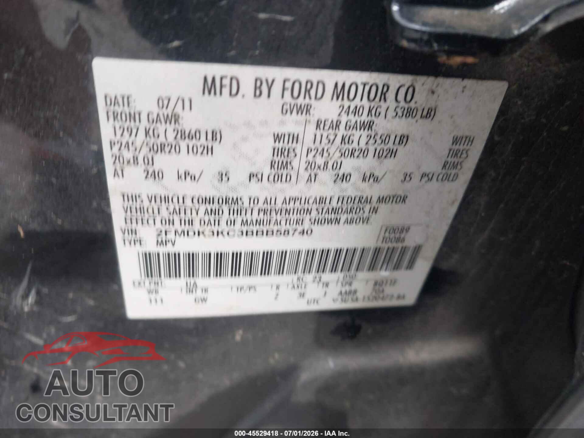 FORD EDGE 2011 - 2FMDK3KC3BBB58740