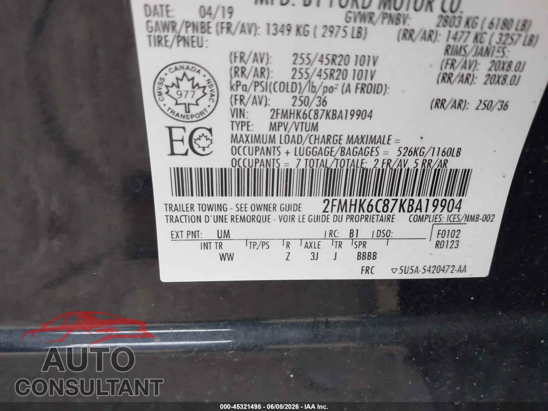 FORD FLEX 2019 - 2FMHK6C87KBA19904