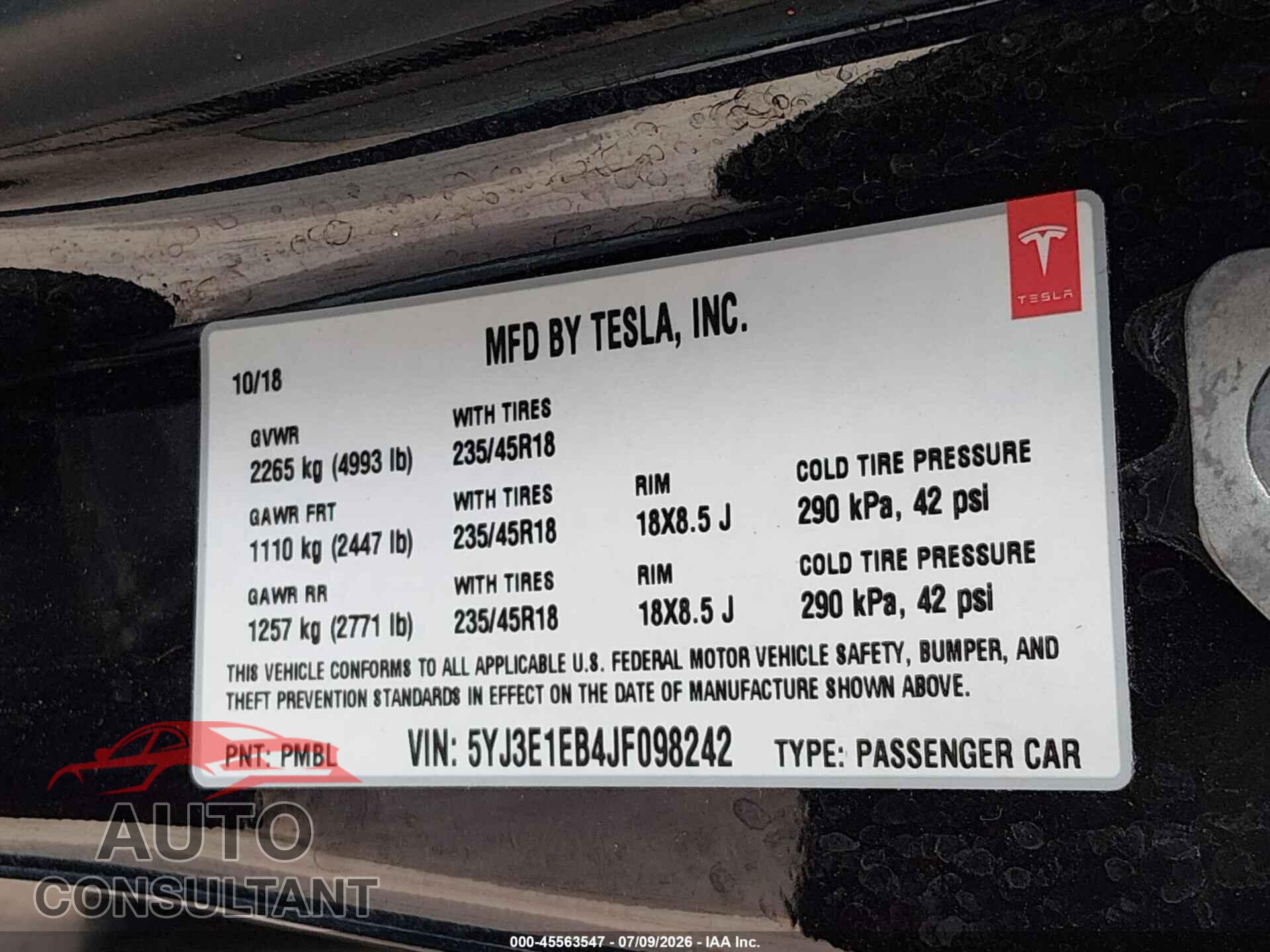 TESLA MODEL 3 2018 - 5YJ3E1EB4JF098242