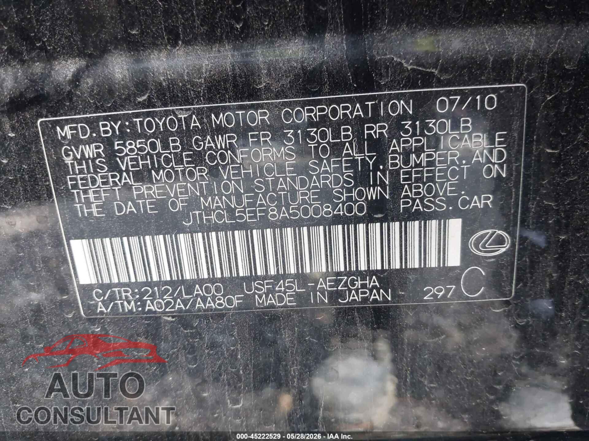 LEXUS LS 460 2010 - JTHCL5EF8A5008400