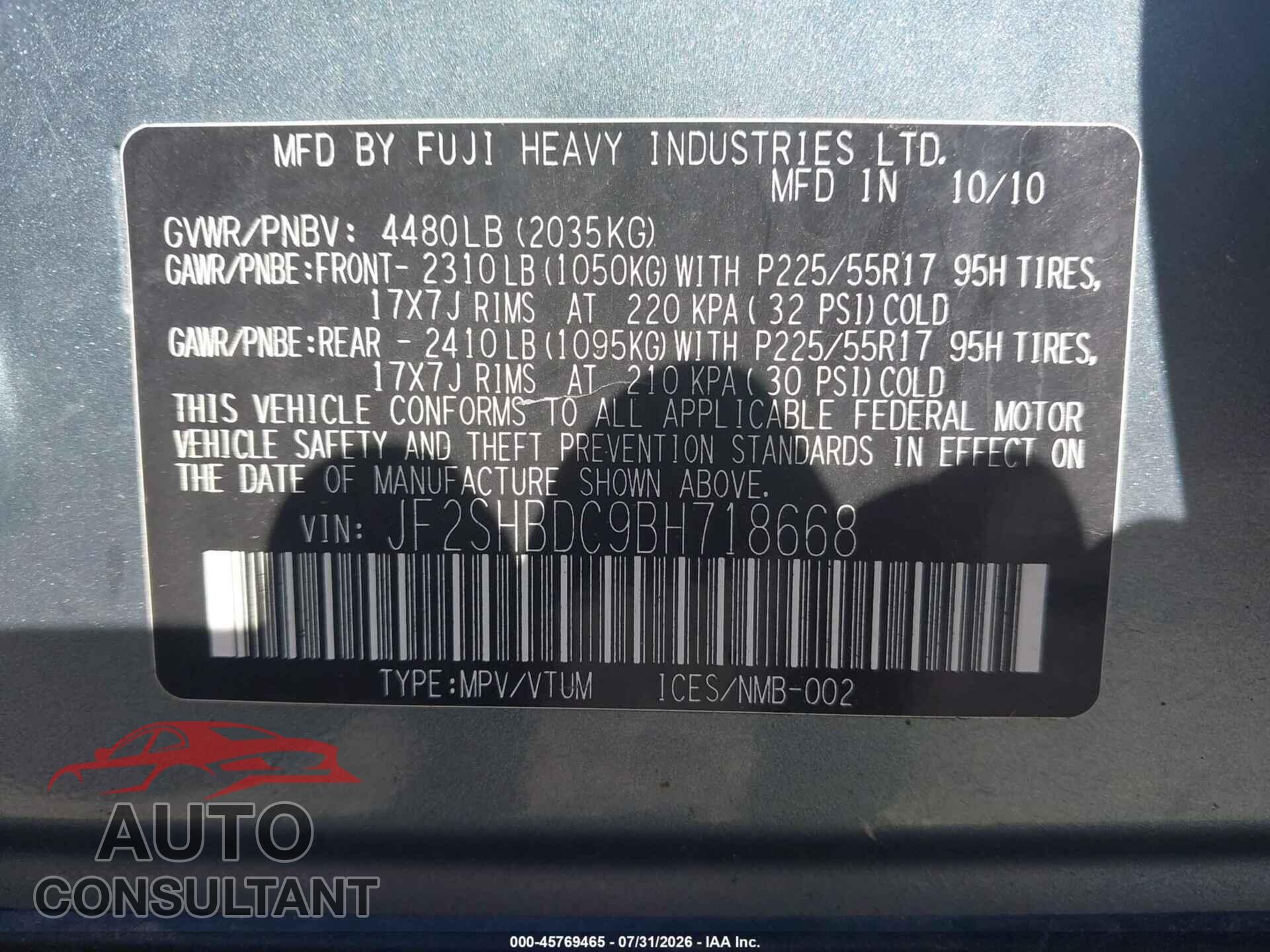 SUBARU FORESTER 2011 - JF2SHBDC9BH718668