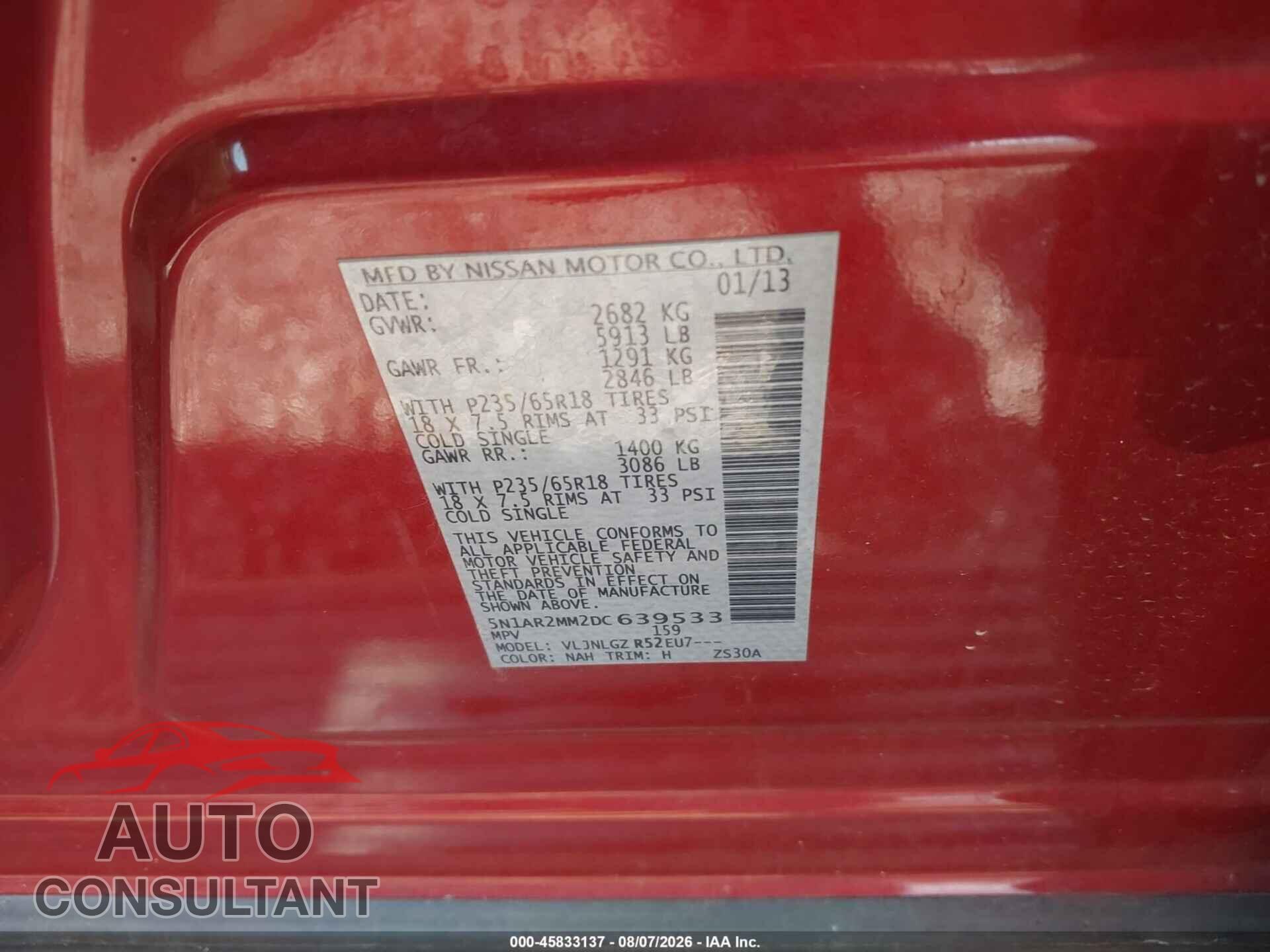 NISSAN PATHFINDER 2013 - 5N1AR2MM2DC639533