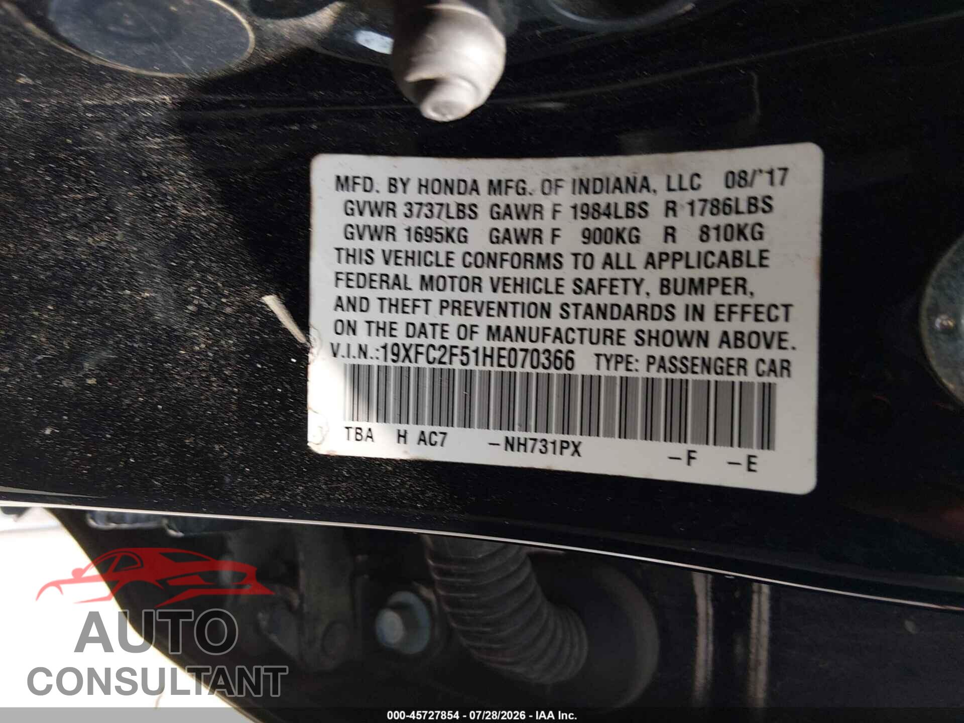 HONDA CIVIC 2017 - 19XFC2F51HE070366