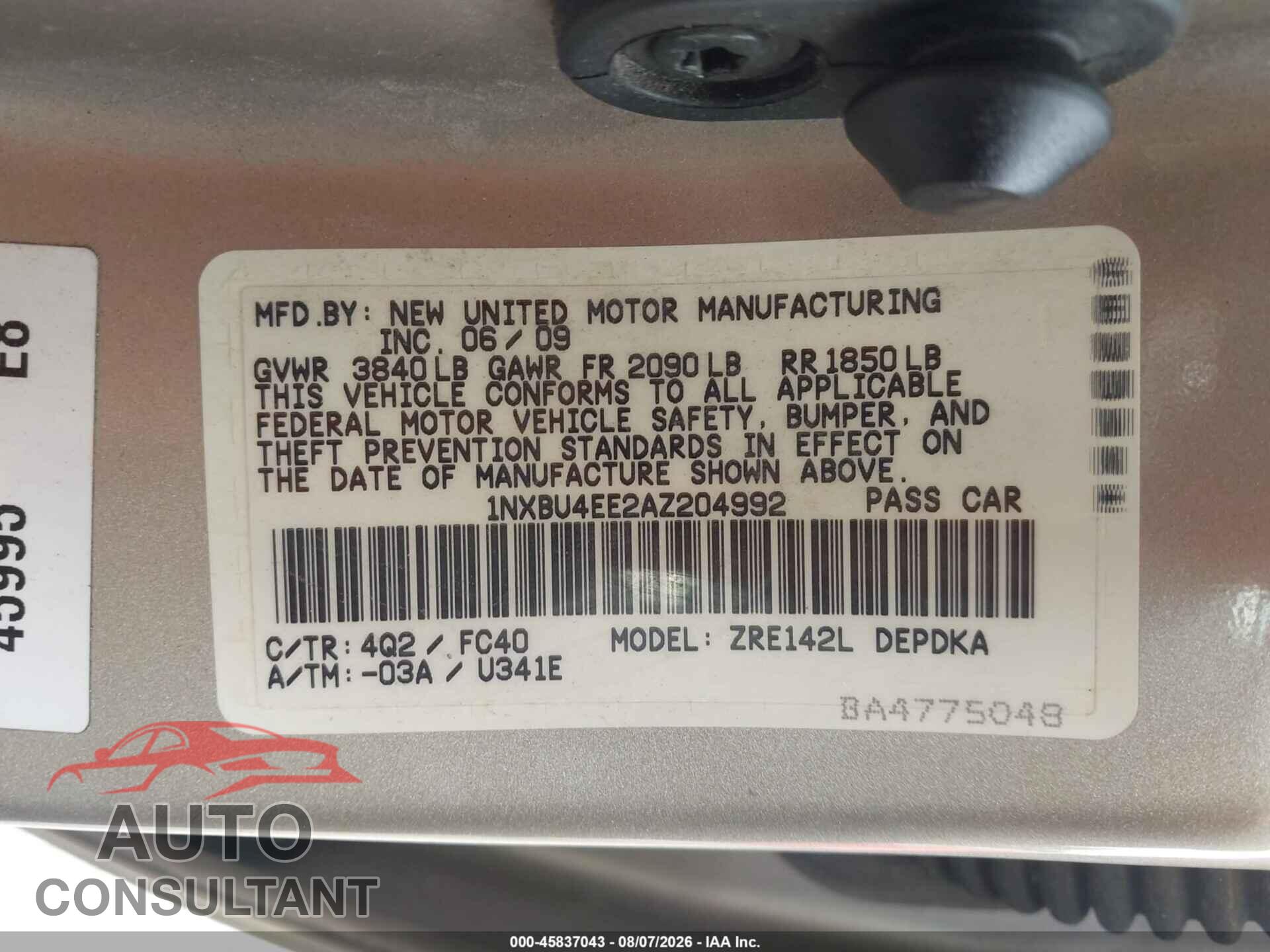 TOYOTA COROLLA 2010 - 1NXBU4EE2AZ204992