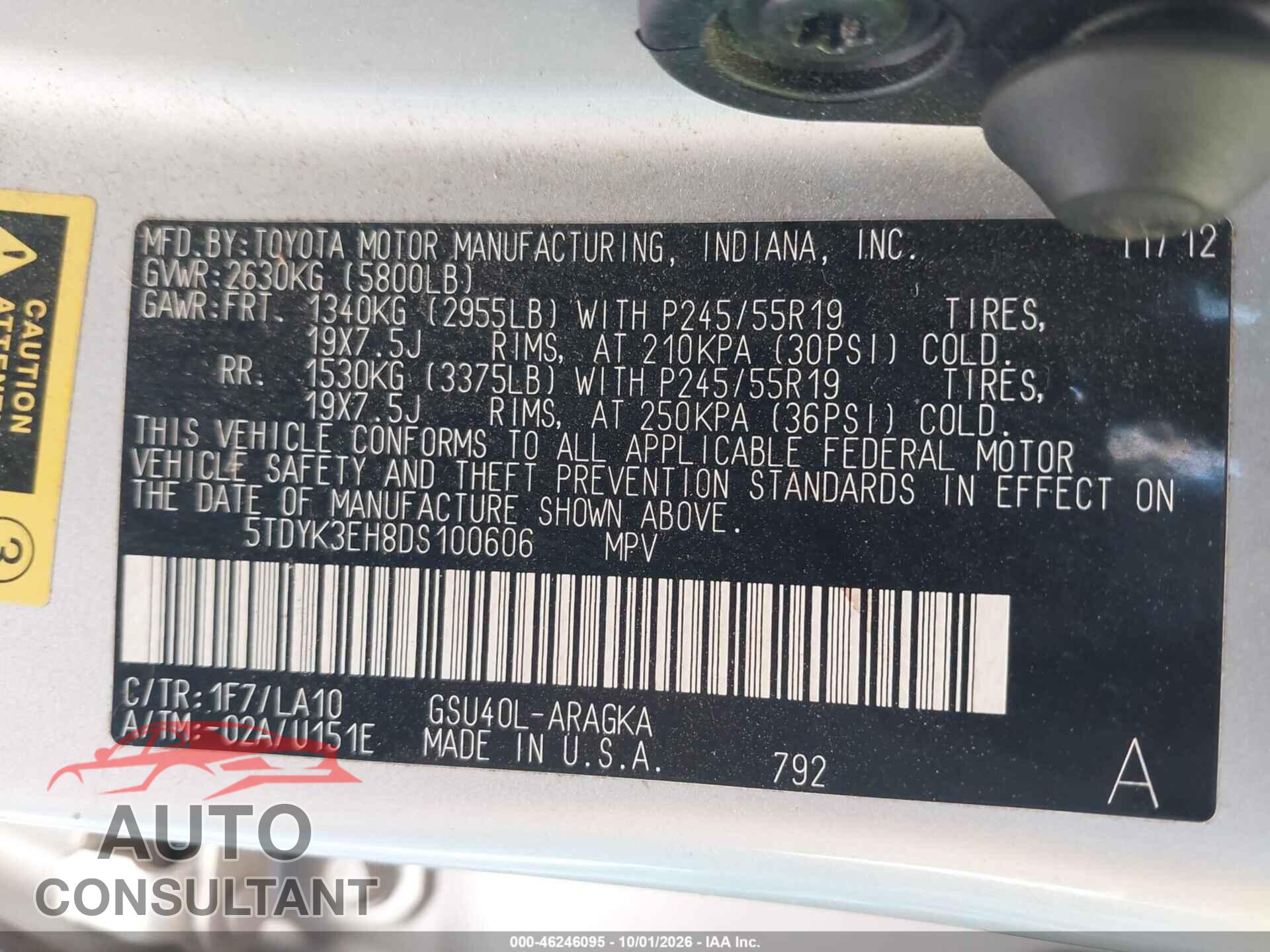 TOYOTA HIGHLANDER 2013 - 5TDYK3EH8DS100606