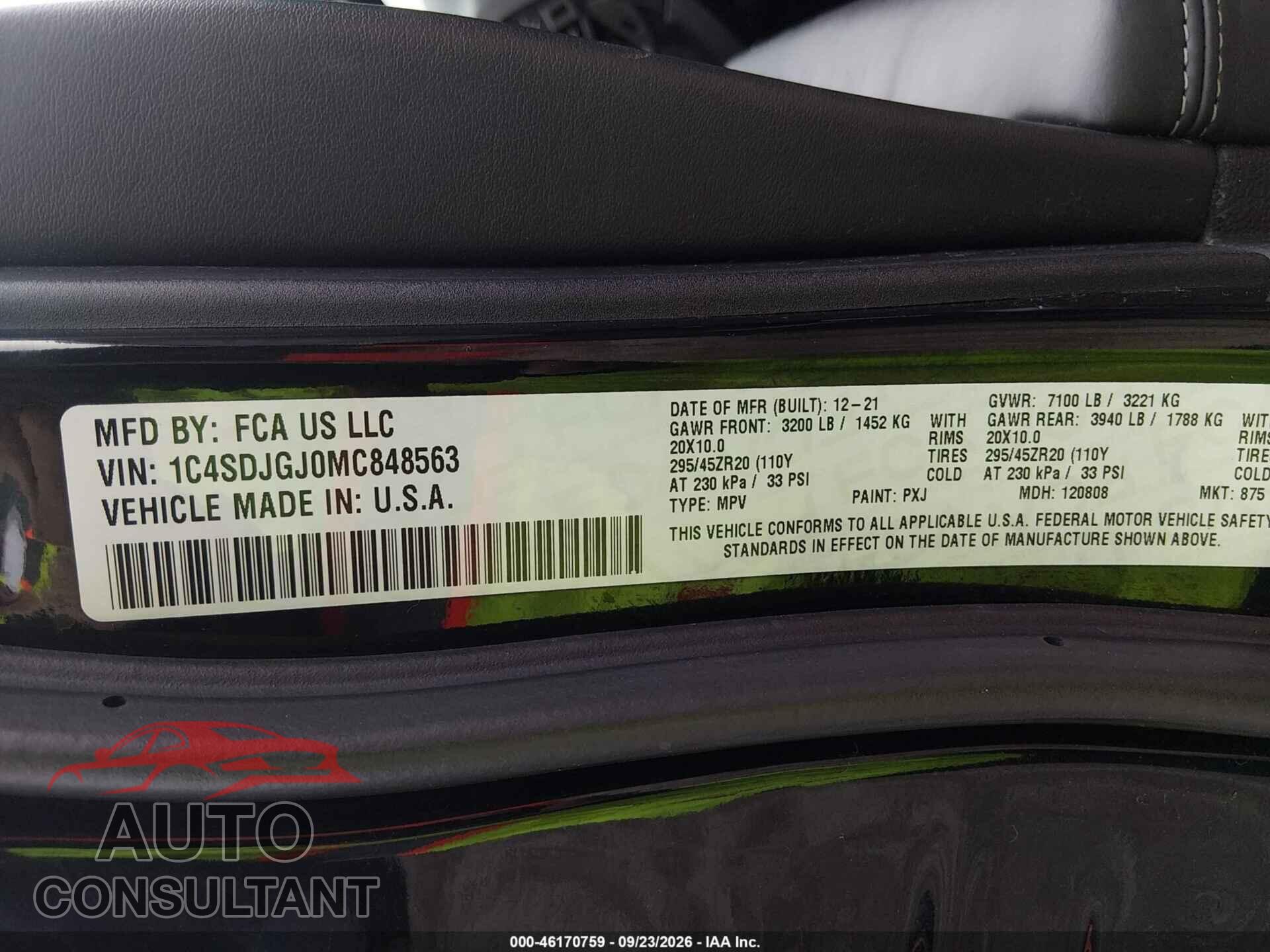 DODGE DURANGO 2021 - 1C4SDJGJ0MC848563