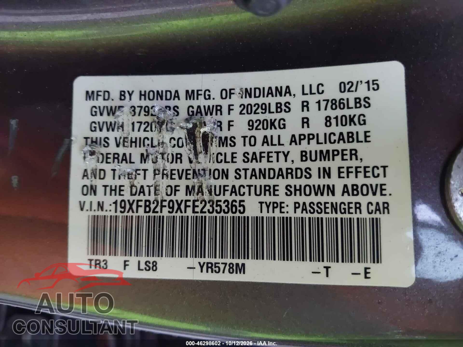 HONDA CIVIC 2015 - 19XFB2F9XFE235365
