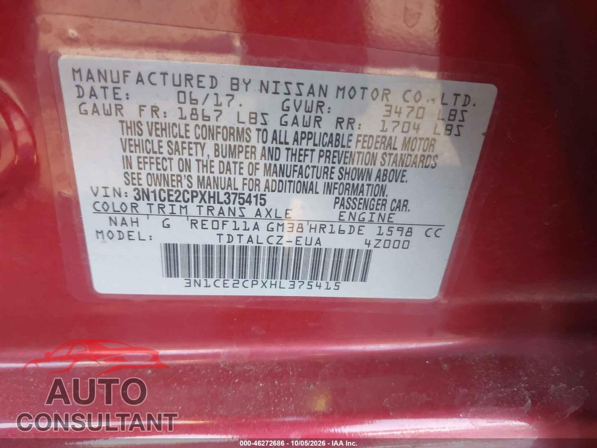 NISSAN VERSA NOTE 2017 - 3N1CE2CPXHL375415