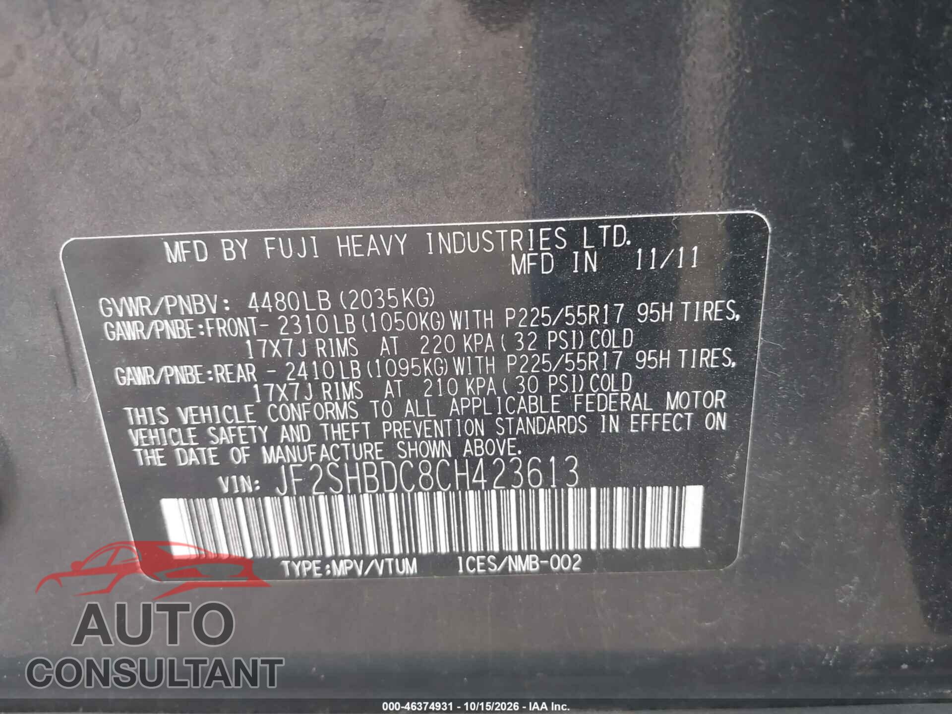 SUBARU FORESTER 2012 - JF2SHBDC8CH423613
