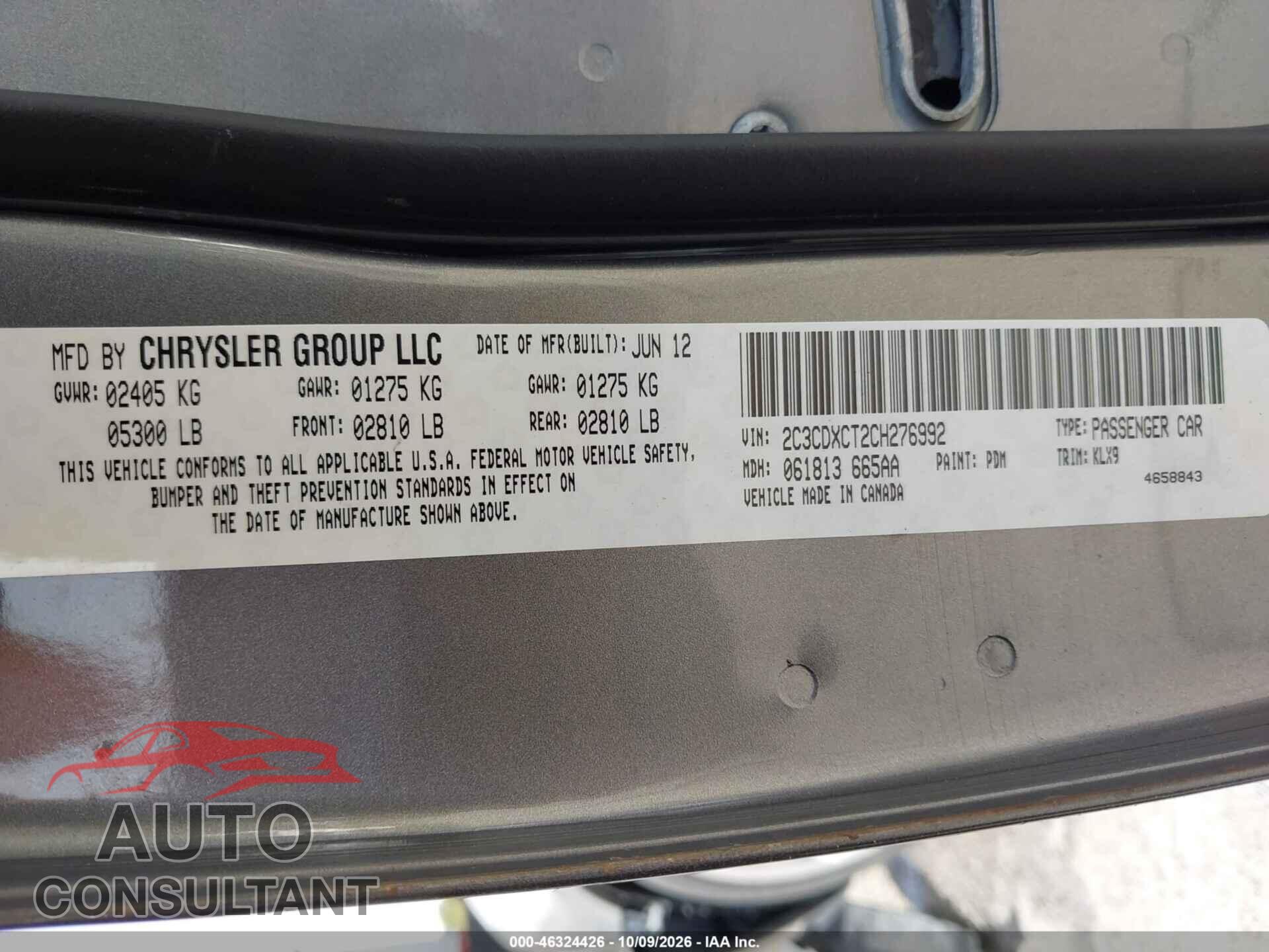 DODGE CHARGER 2012 - 2C3CDXCT2CH276992