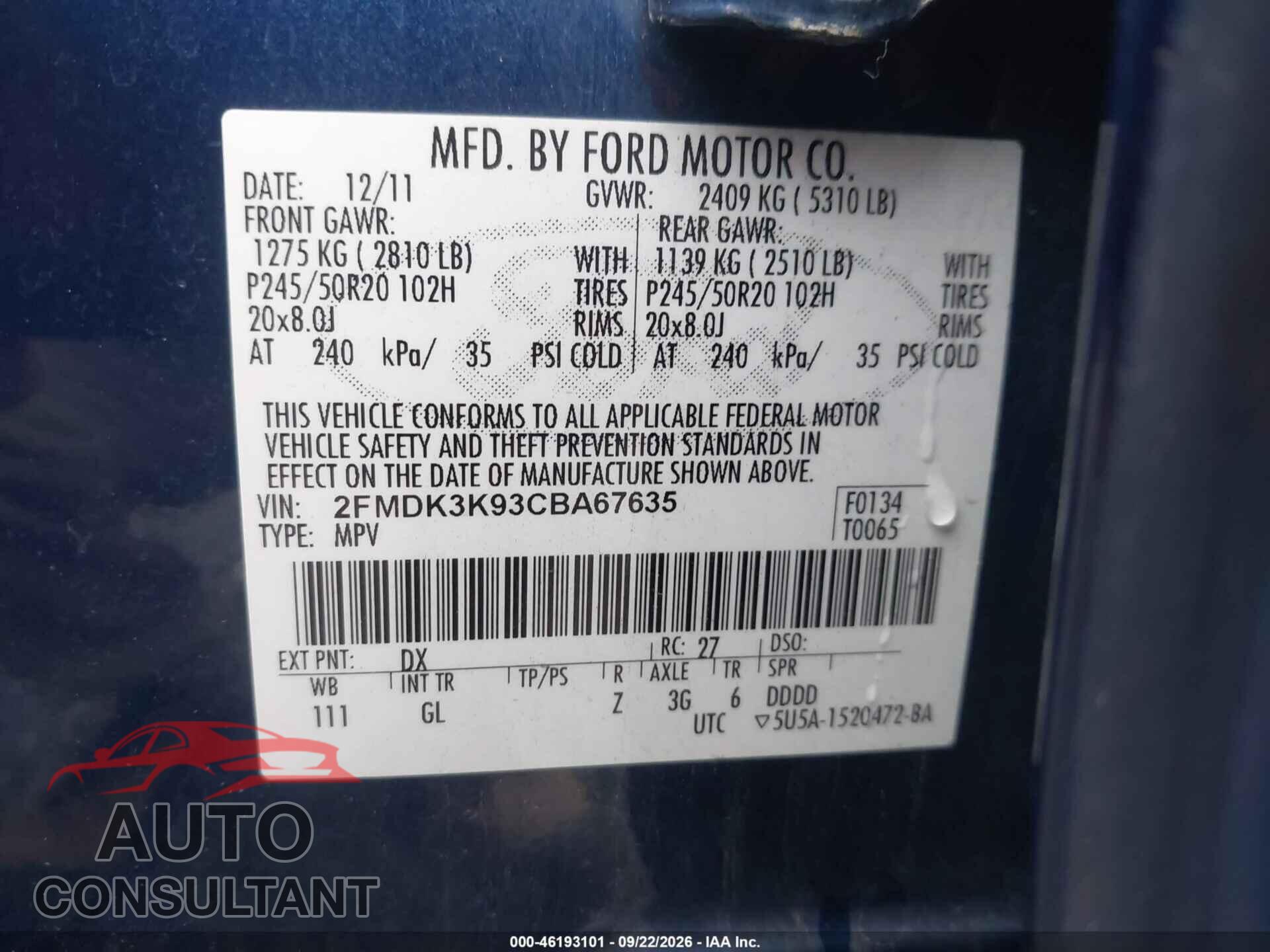 FORD EDGE 2012 - 2FMDK3K93CBA67635