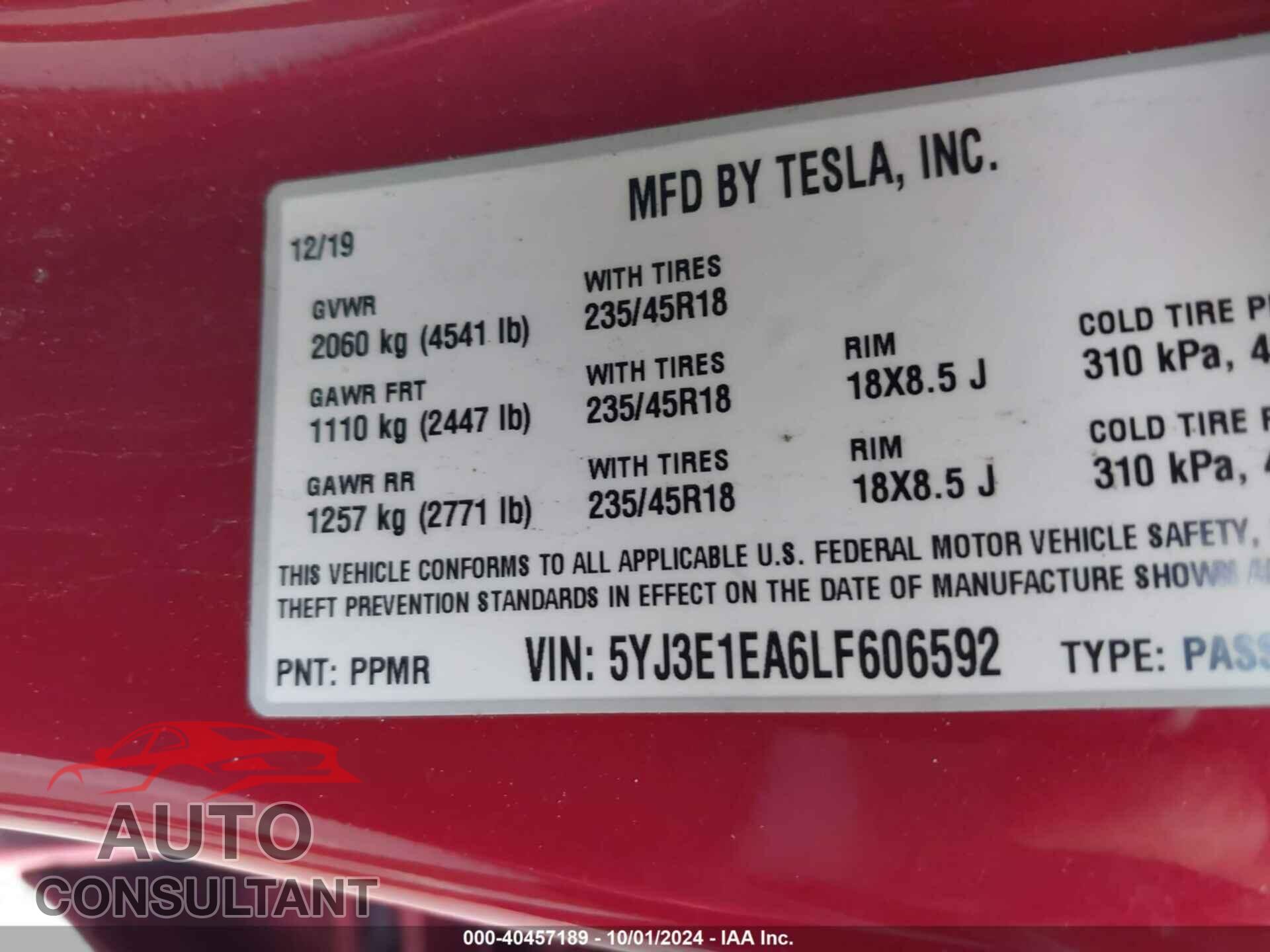 TESLA MODEL 3 2020 - 5YJ3E1EA6LF606592