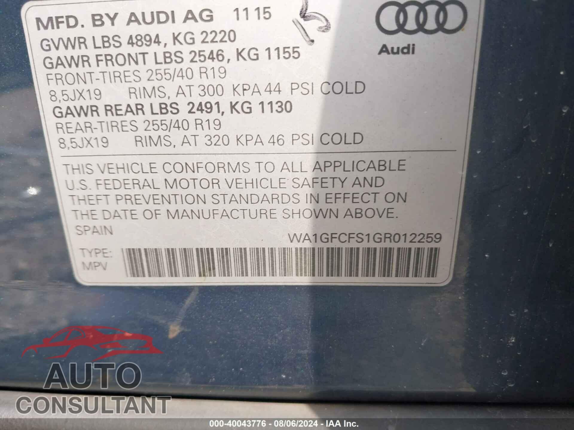 AUDI Q3 2016 - WA1GFCFS1GR012259