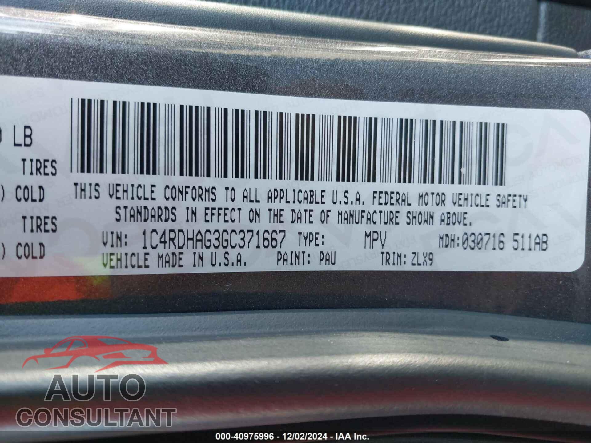 DODGE DURANGO 2016 - 1C4RDHAG3GC371667