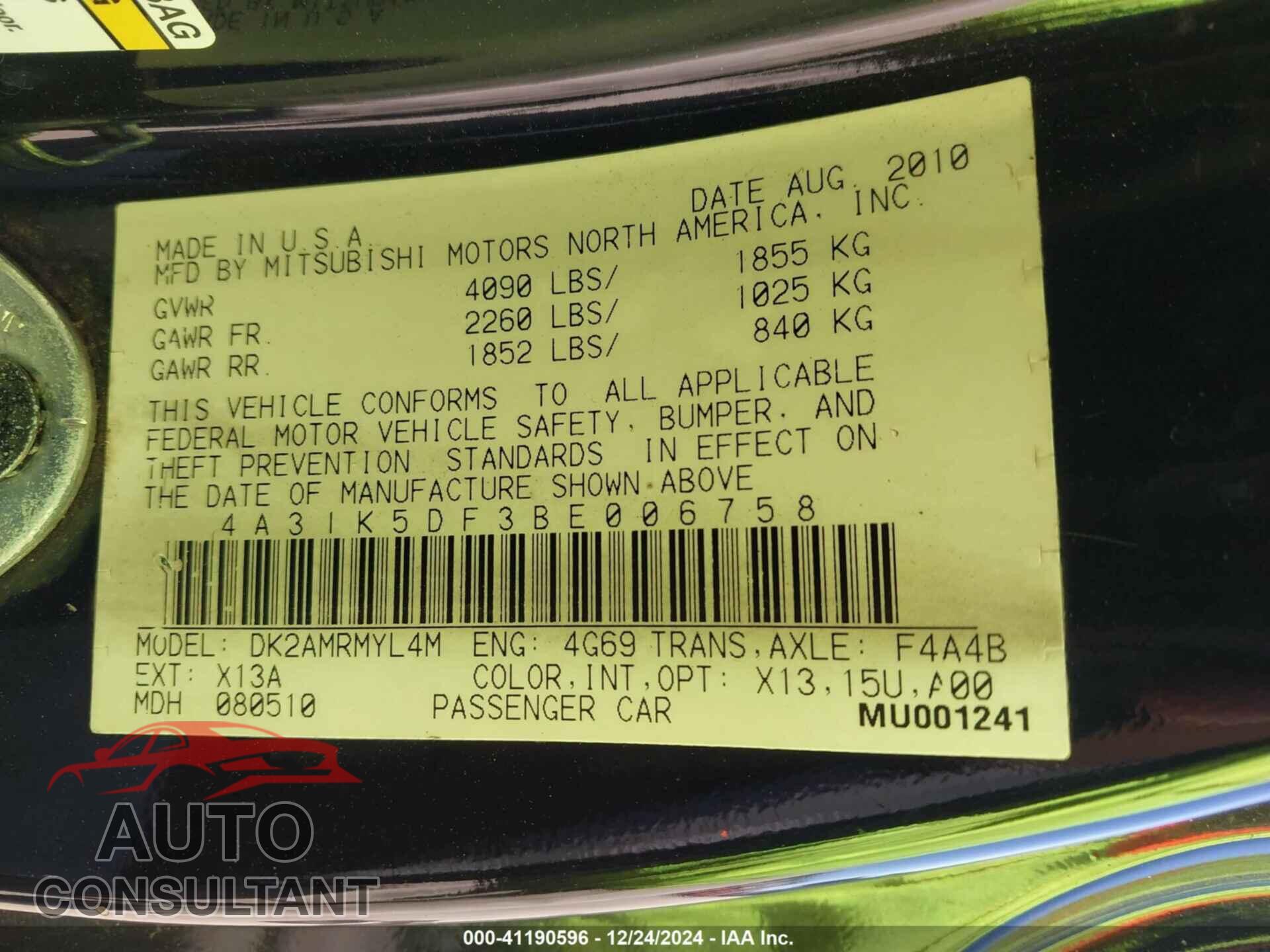 MITSUBISHI ECLIPSE 2011 - 4A31K5DF3BE006758