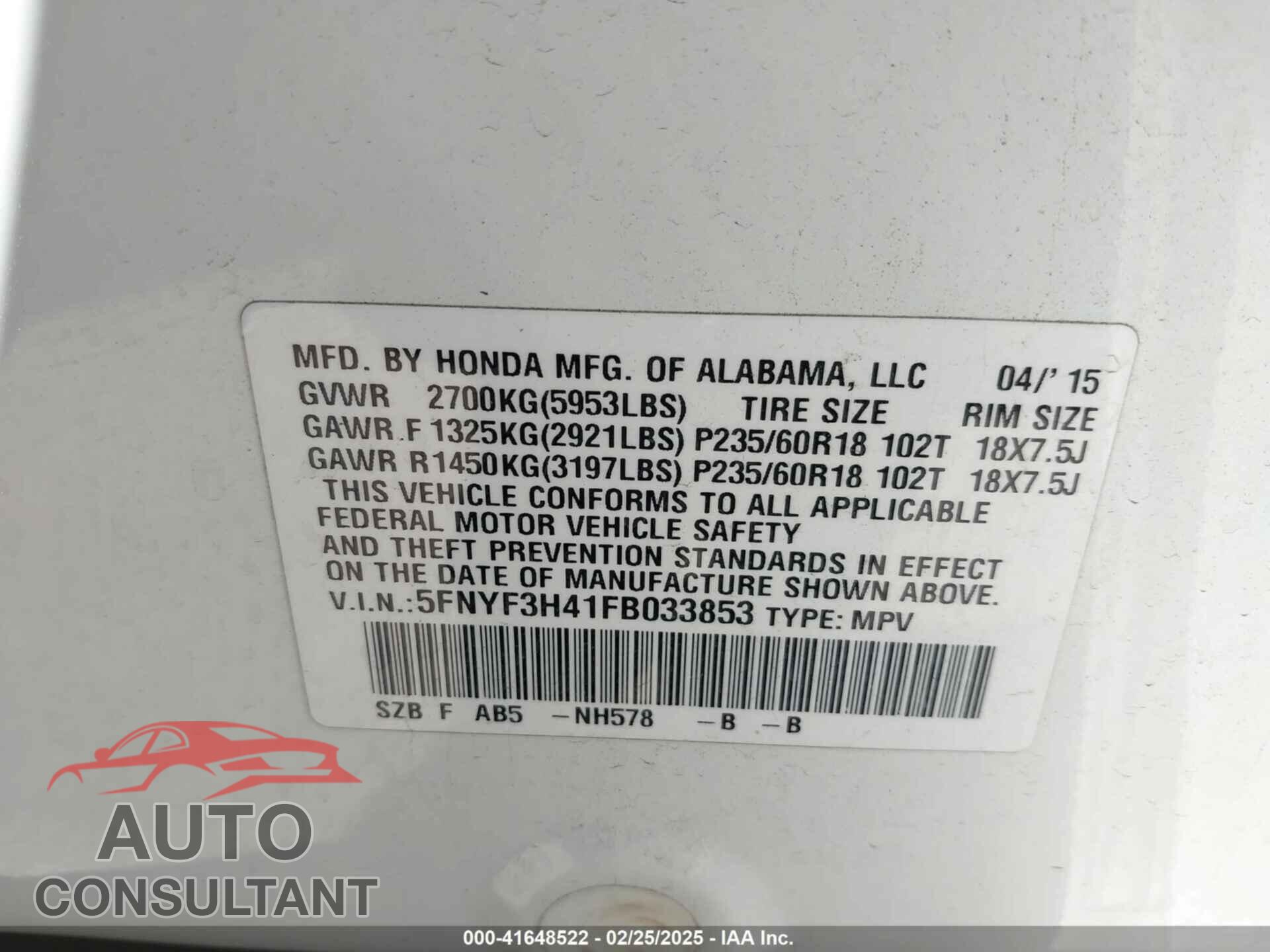 HONDA PILOT 2015 - 5FNYF3H41FB033853