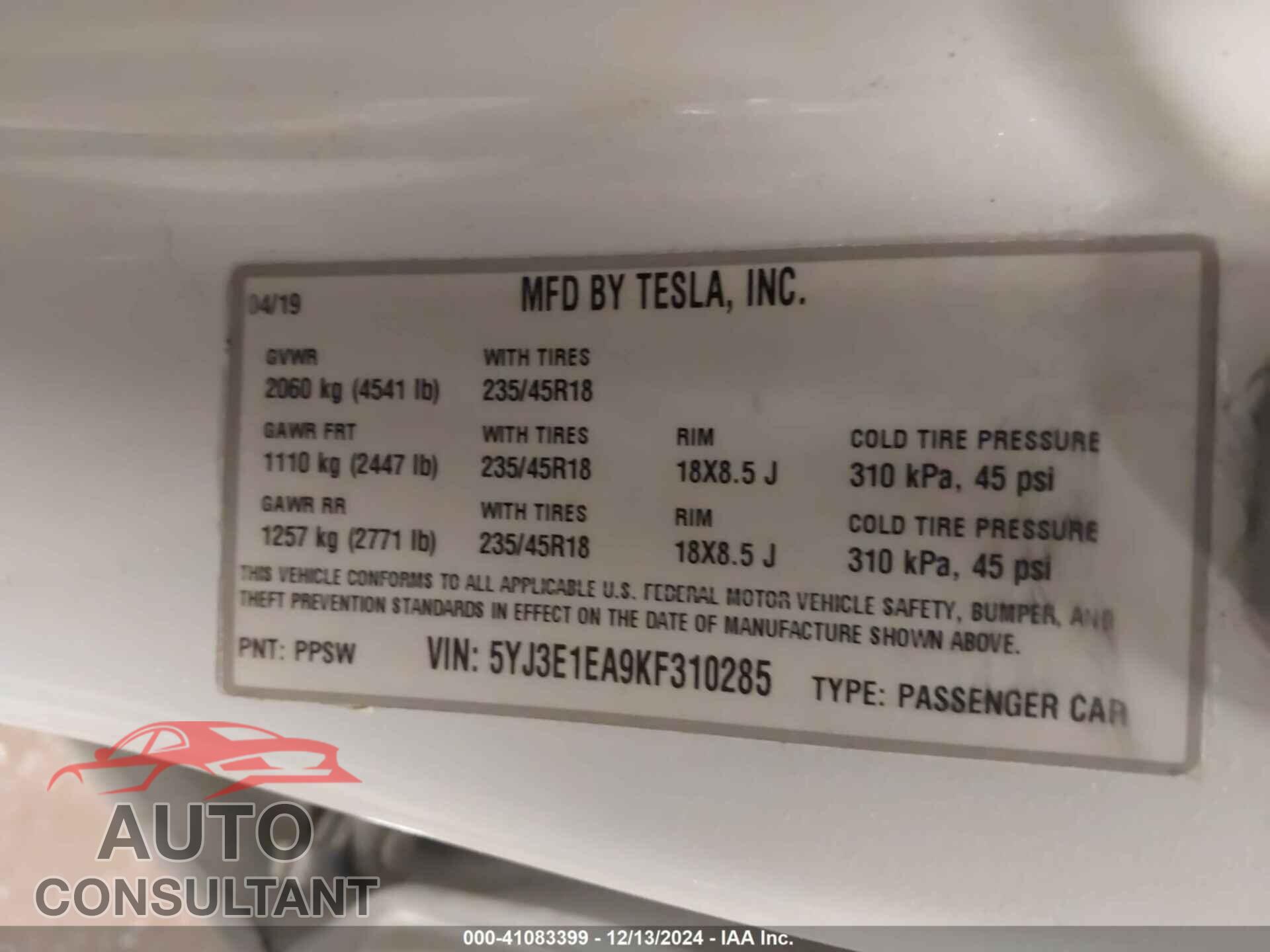 TESLA MODEL 3 2019 - 5YJ3E1EA9KF310285
