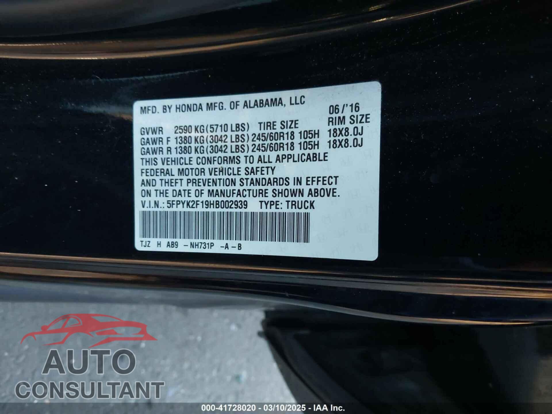 HONDA RIDGELINE 2017 - 5FPYK2F19HB002939