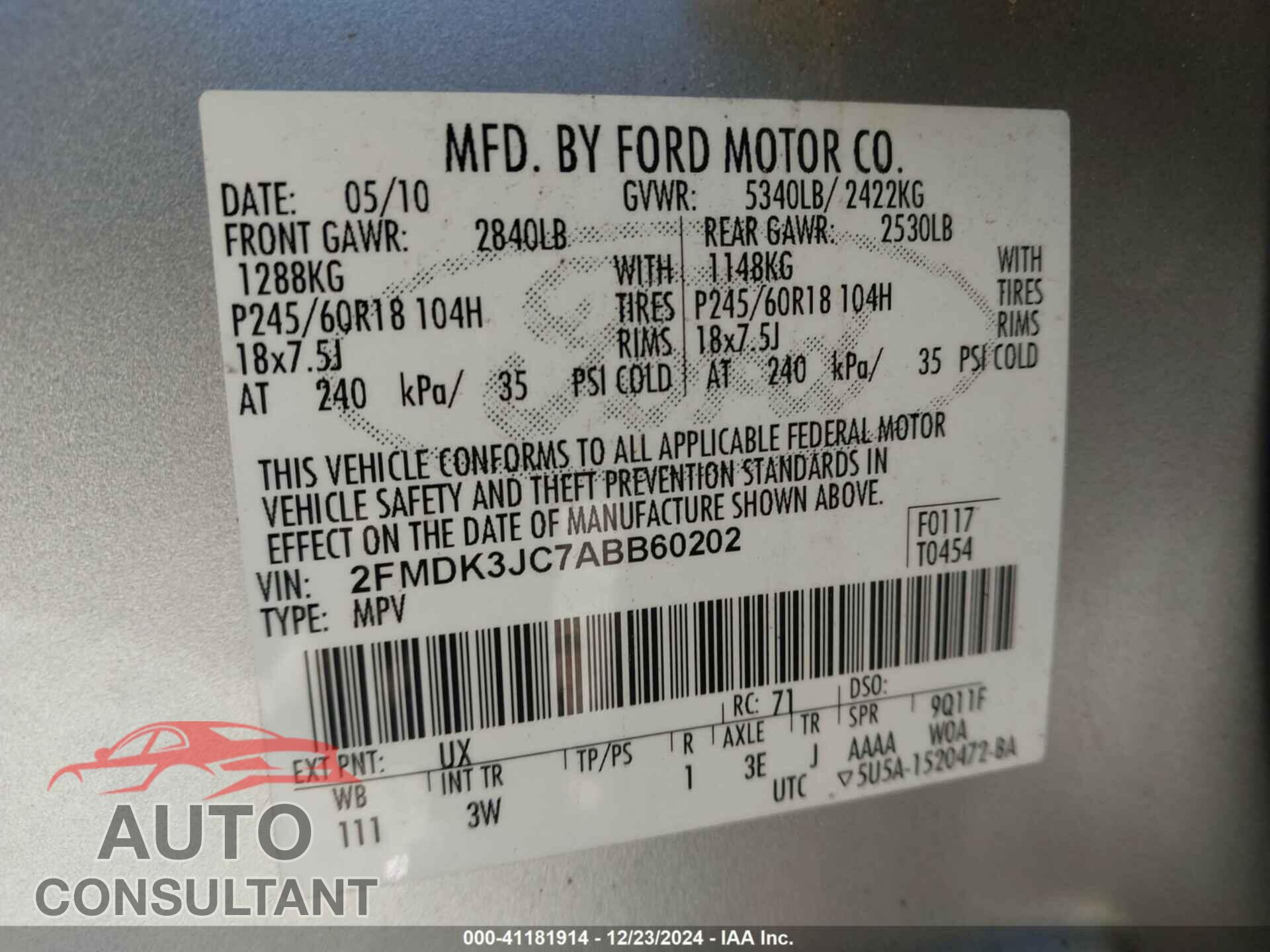 FORD EDGE 2010 - 2FMDK3JC7ABB60202