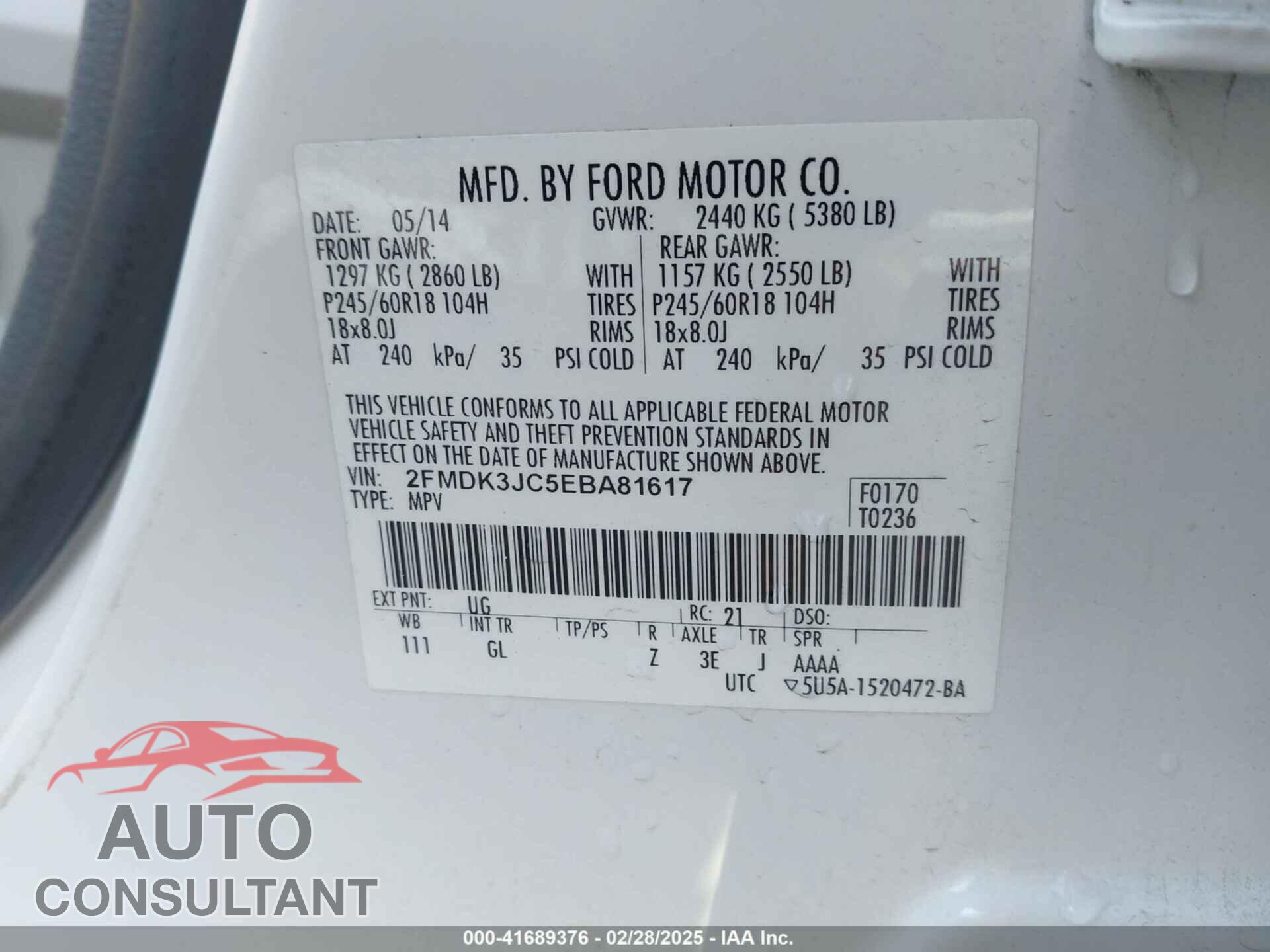 FORD EDGE 2014 - 2FMDK3JC5EBA81617