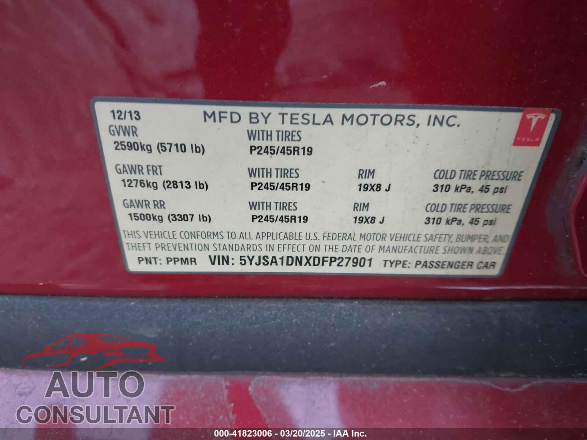 TESLA MODEL S 2013 - 5YJSA1DNXDFP27901
