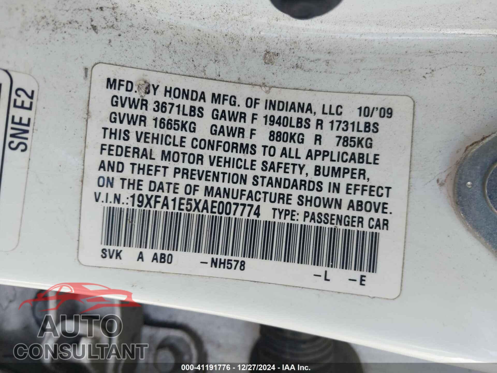 HONDA CIVIC 2010 - 19XFA1E5XAE007774