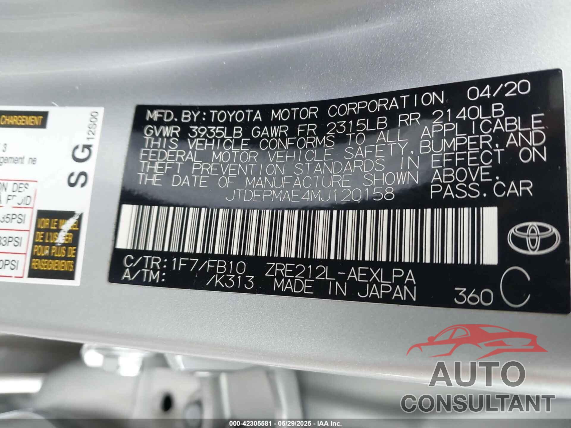 TOYOTA COROLLA 2021 - JTDEPMAE4MJ120158