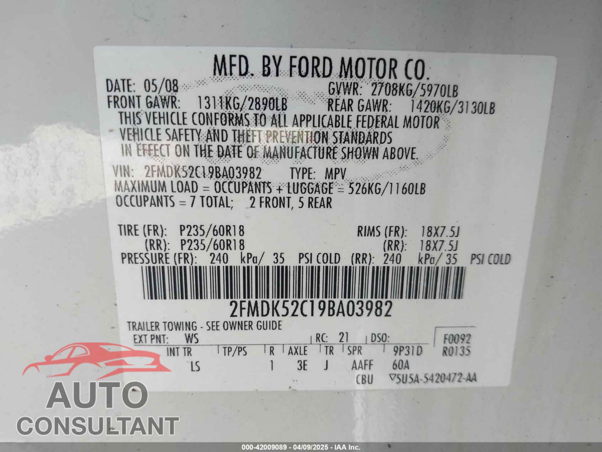 FORD FLEX 2009 - 2FMDK52C19BA03982