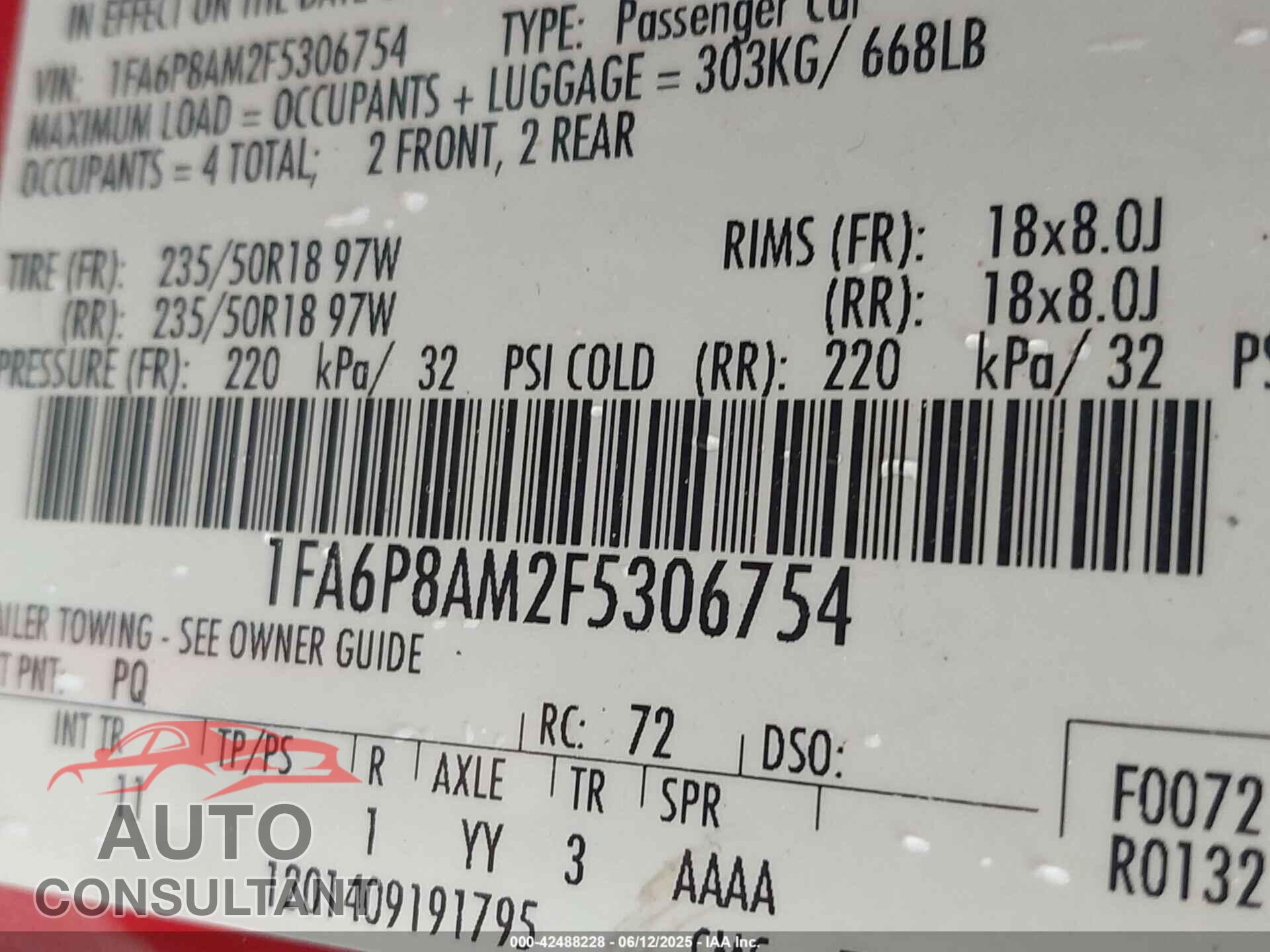 FORD MUSTANG 2015 - 1FA6P8AM2F5306754