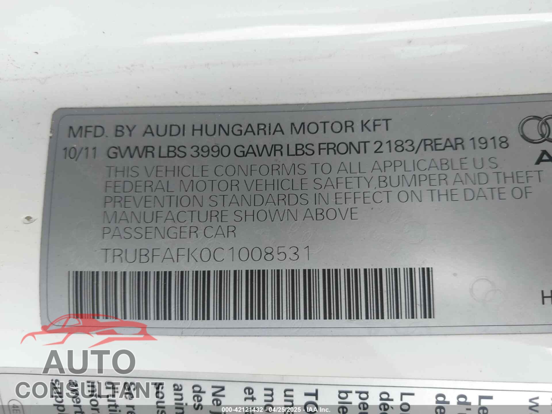 AUDI TT 2012 - TRUBFAFK0C1008531