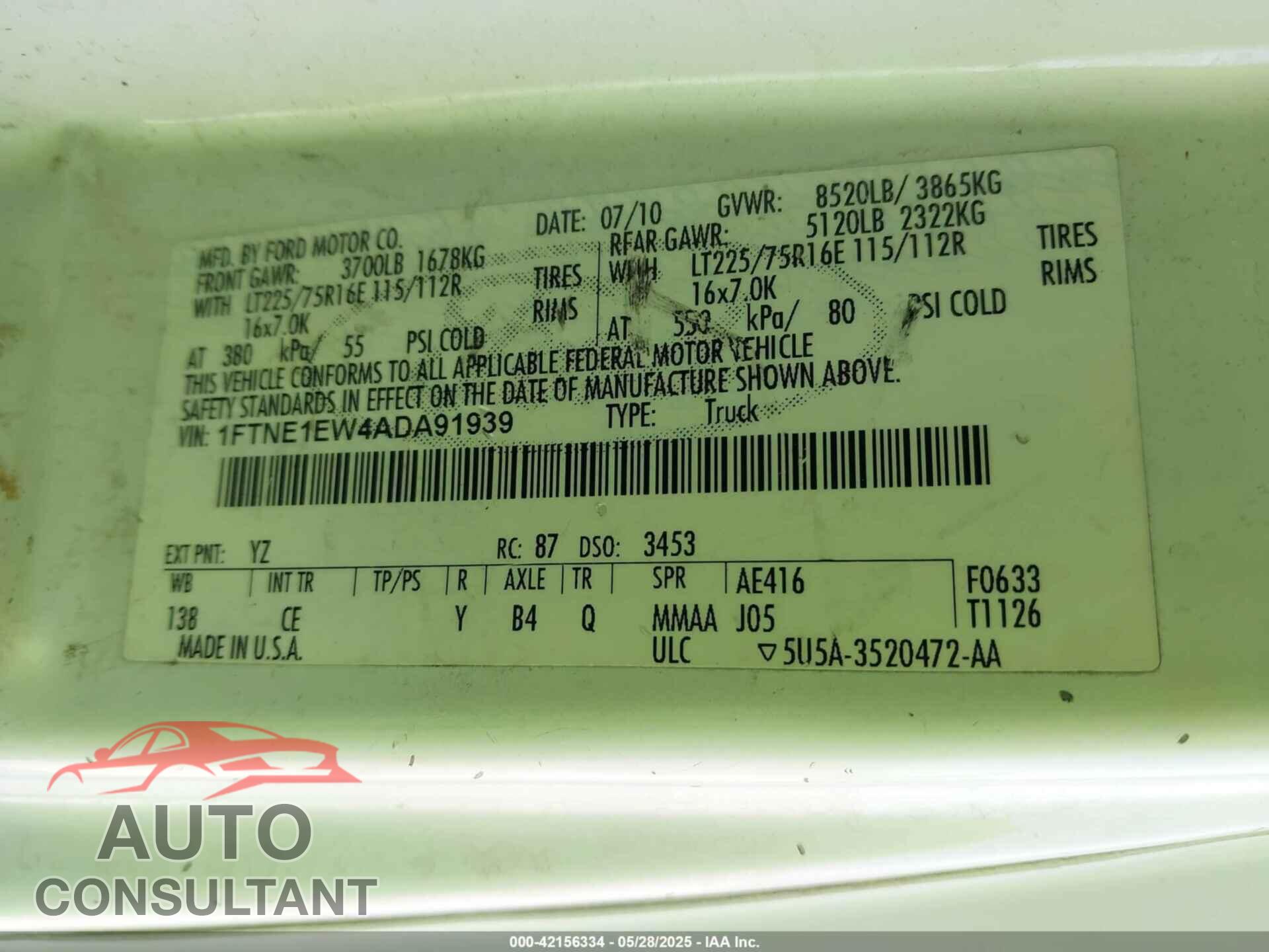 FORD E-150 2010 - 1FTNE1EW4ADA91939