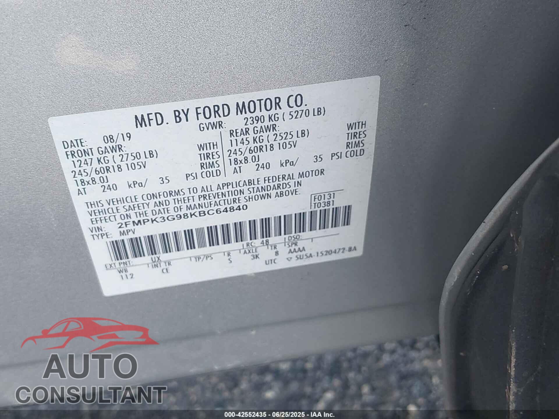 FORD EDGE 2019 - 2FMPK3G98KBC64840