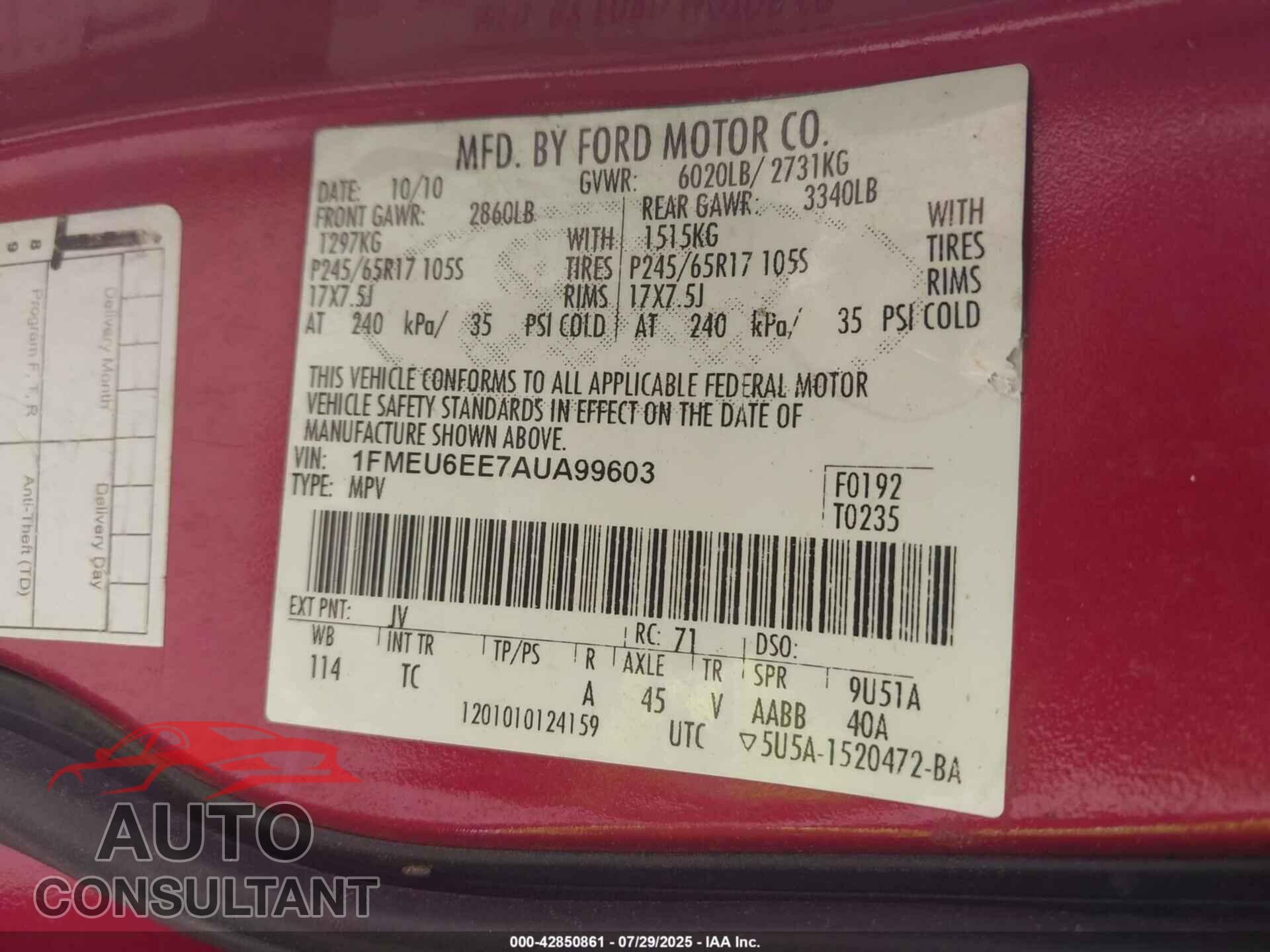 FORD EXPLORER 2010 - 1FMEU6EE7AUA99603