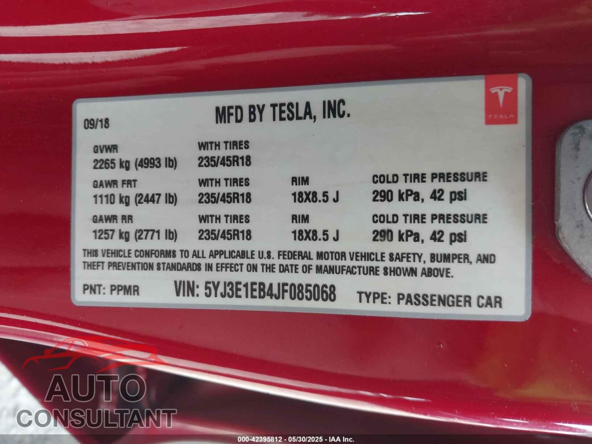 TESLA MODEL 3 2018 - 5YJ3E1EB4JF085068