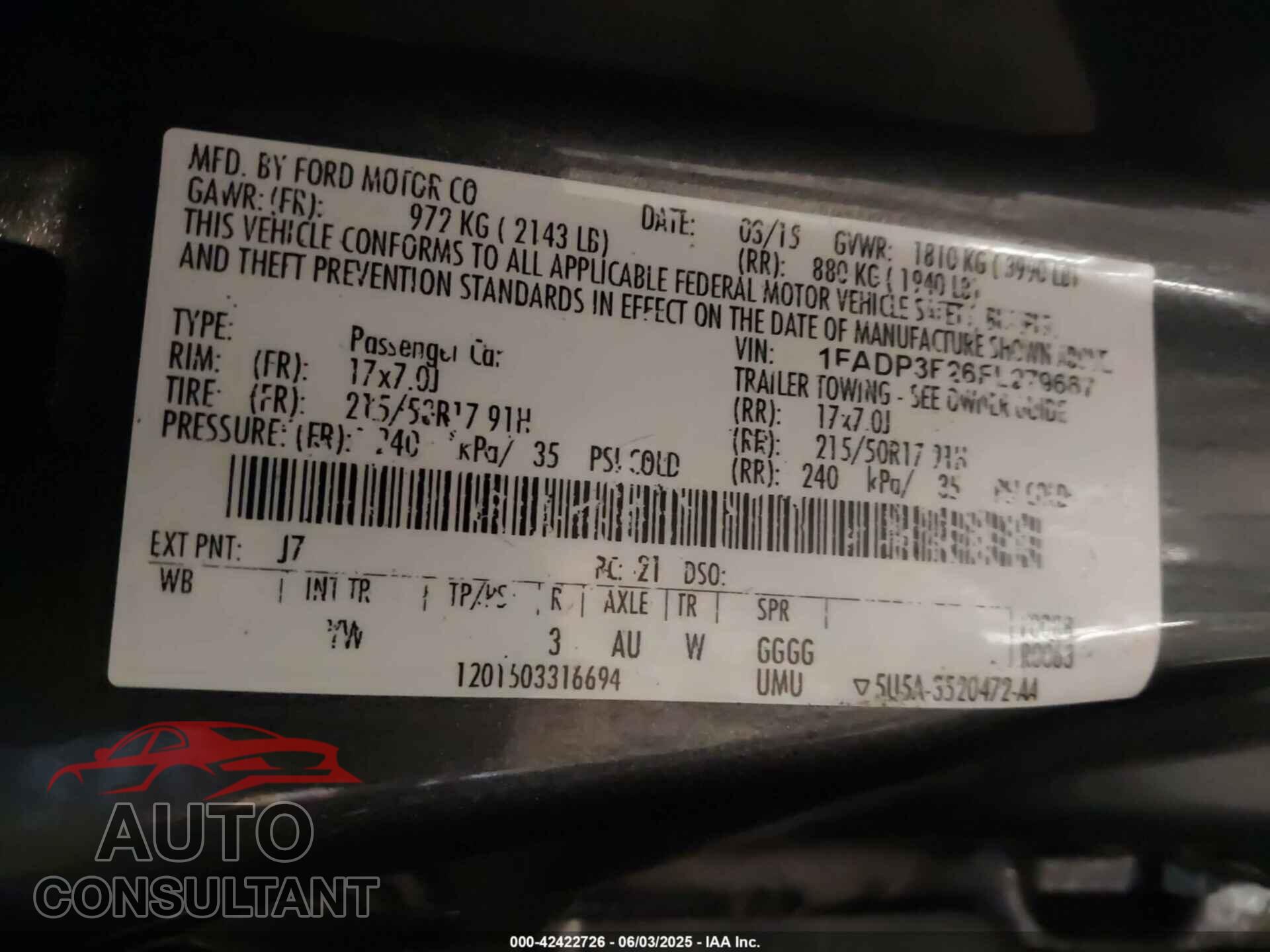 FORD FOCUS 2015 - 1FADP3F26FL279667