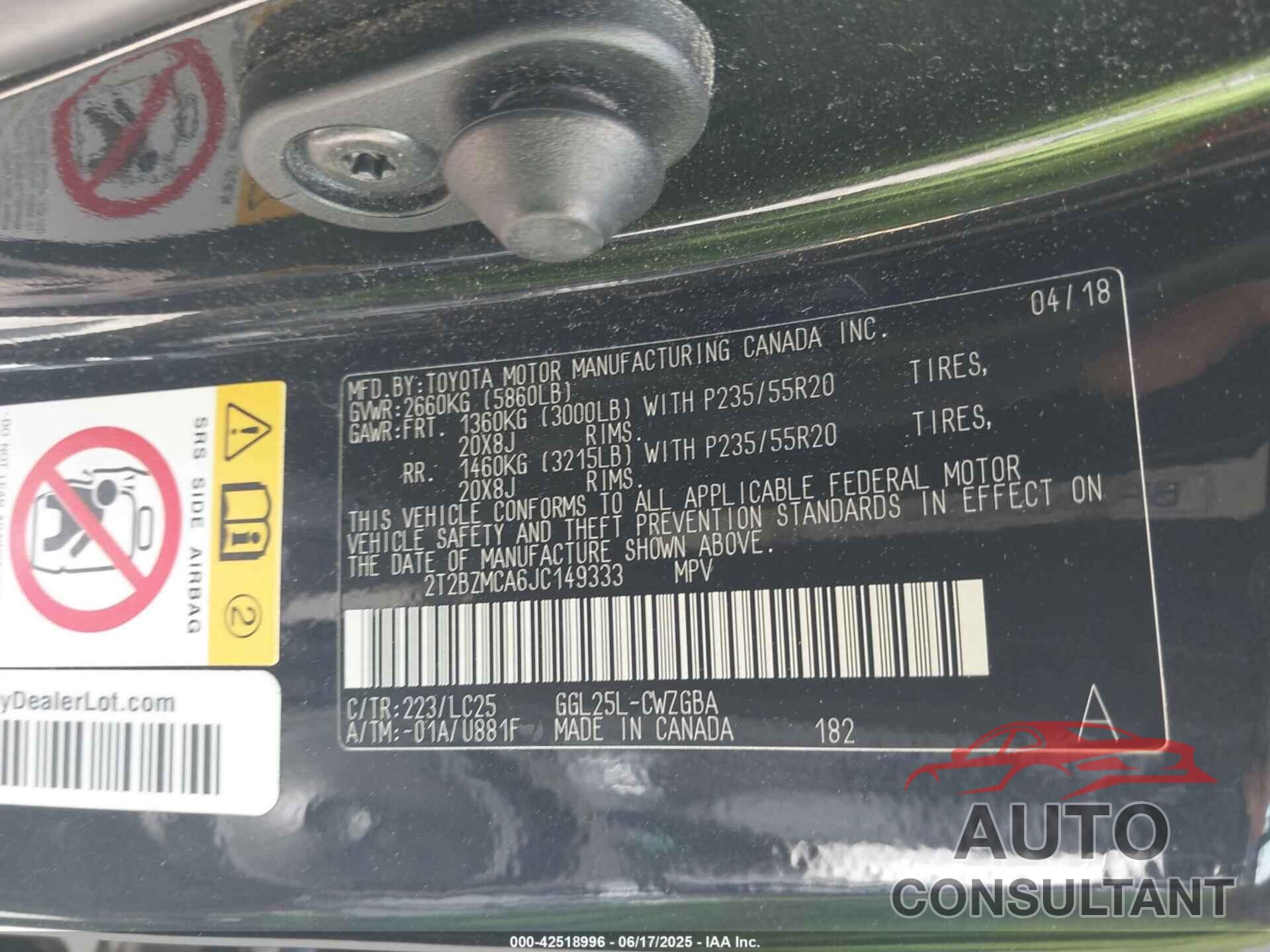 LEXUS RX 350 2018 - 2T2BZMCA6JC149333
