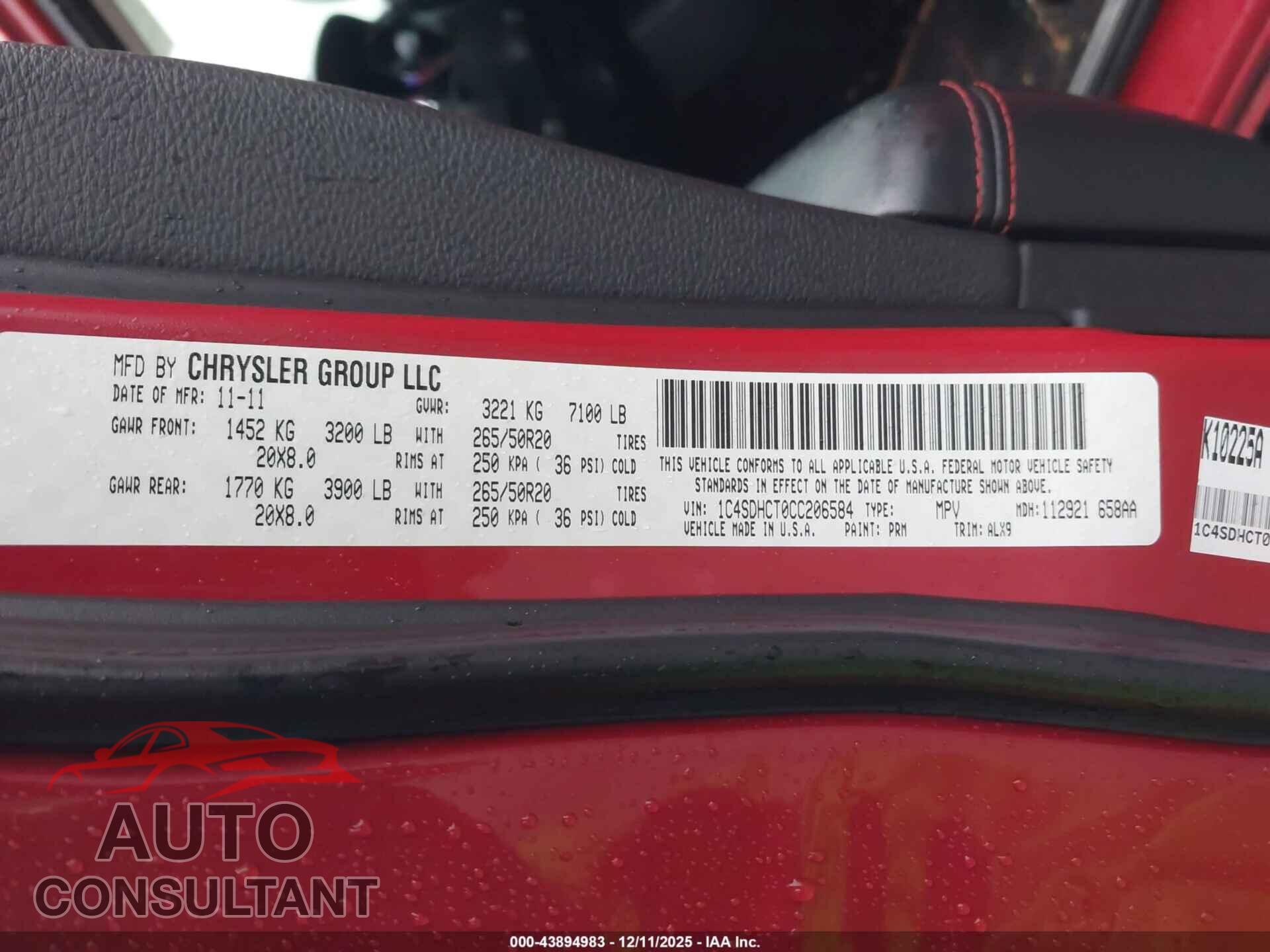 DODGE DURANGO 2012 - 1C4SDHCT0CC206584