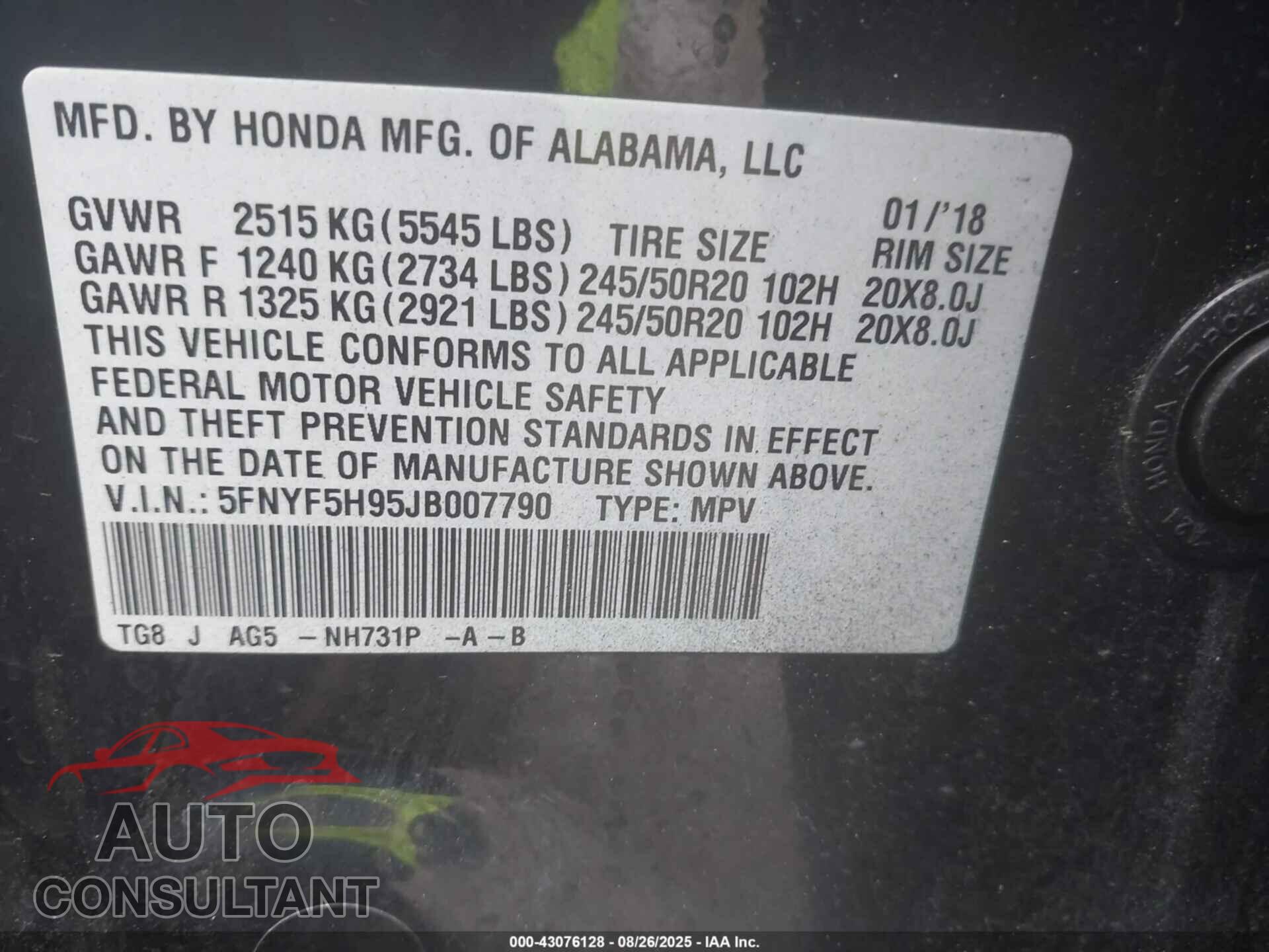 HONDA PILOT 2018 - 5FNYF5H95JB007790