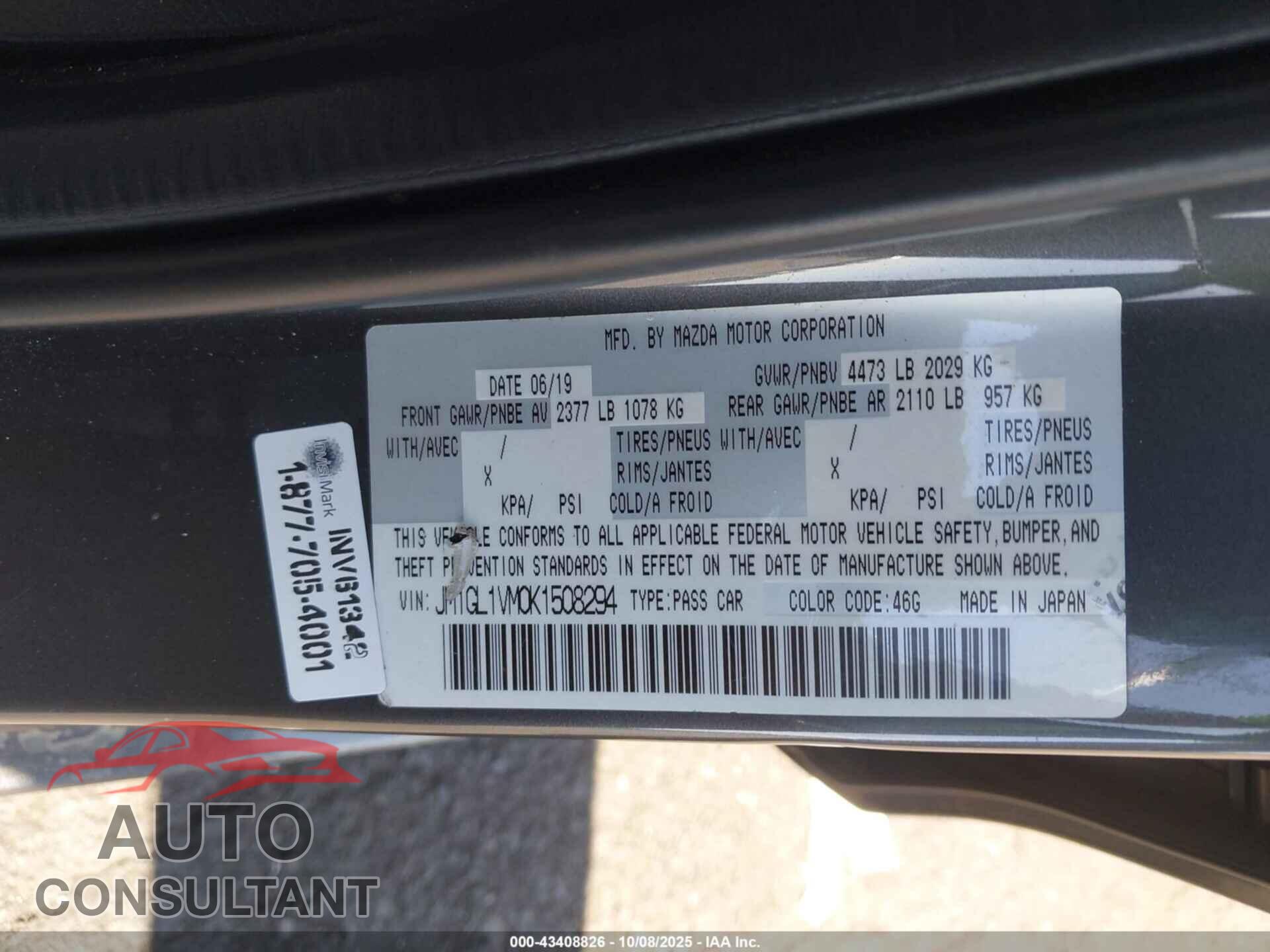 MAZDA MAZDA6 2019 - JM1GL1VM0K1508294