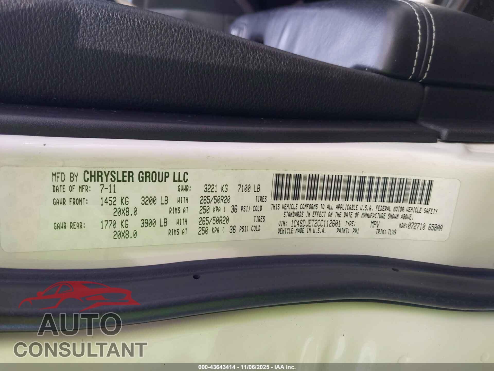 DODGE DURANGO 2012 - 1C4SDJET2CC112601